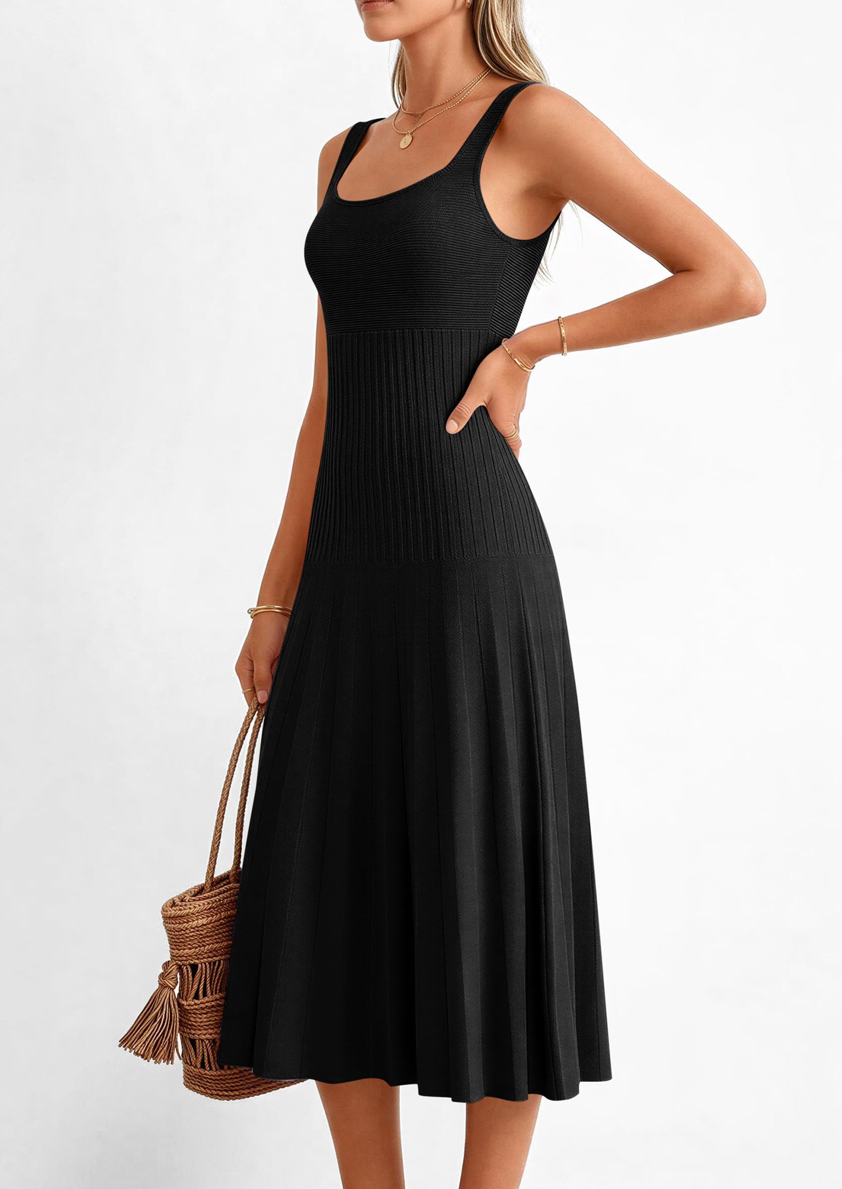 PRETTYGARDEN Spring Dresses for Women Summer Casual Sleeveless Square Neck A Line Knit Pleated Midi Cocktail Party Dress