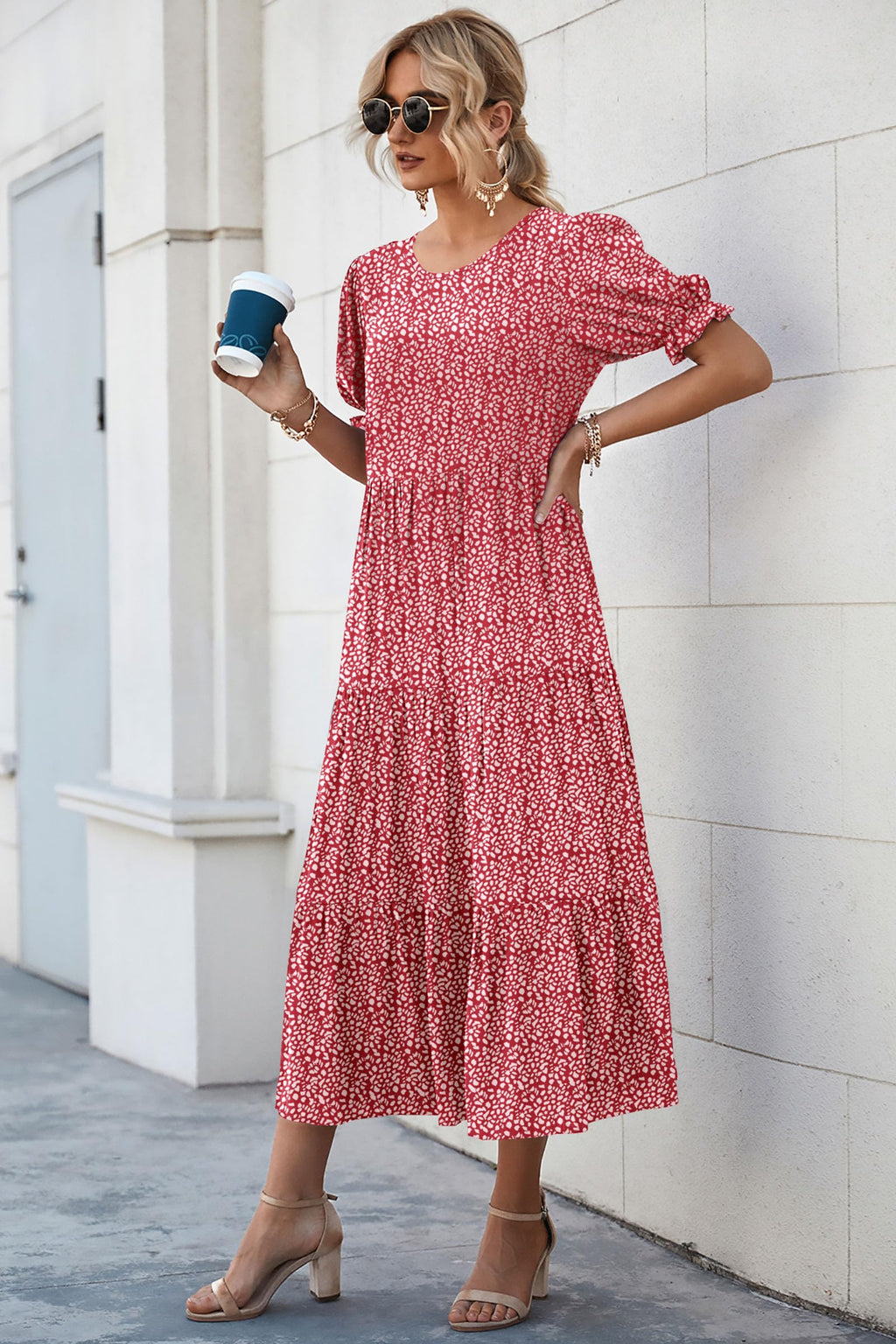 PRETTYGARDEN Summer Dresses for Women Casual Floral Boho Midi Sun Dress Puff Short Sleeve Flowy Beach Vacation Sundress