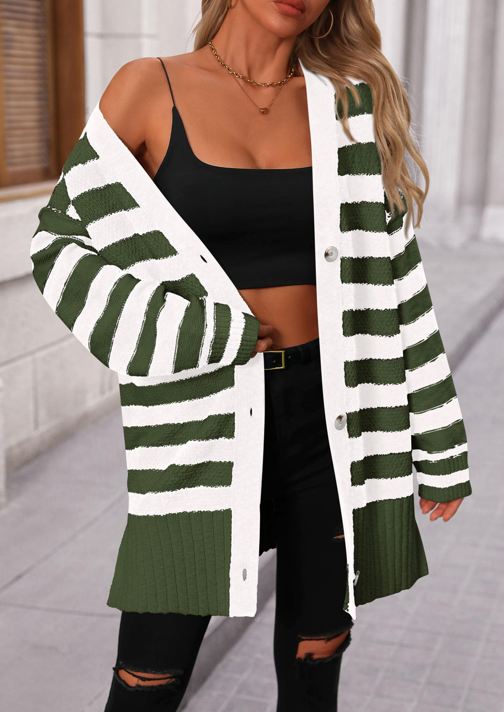 PRETTYGARDEN Women's Winter Striped Cardigan Sweaters Long Sleeve Button Down Open Front Chunky Knit Oversized Sweater Coat