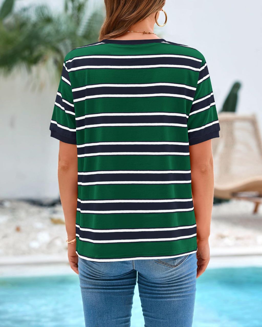 BTFBM Summer Tops for Women Crewneck Short Sleeve Striped T Shirts Casual Spring Clothes Color Block Basic Tee Blouses
