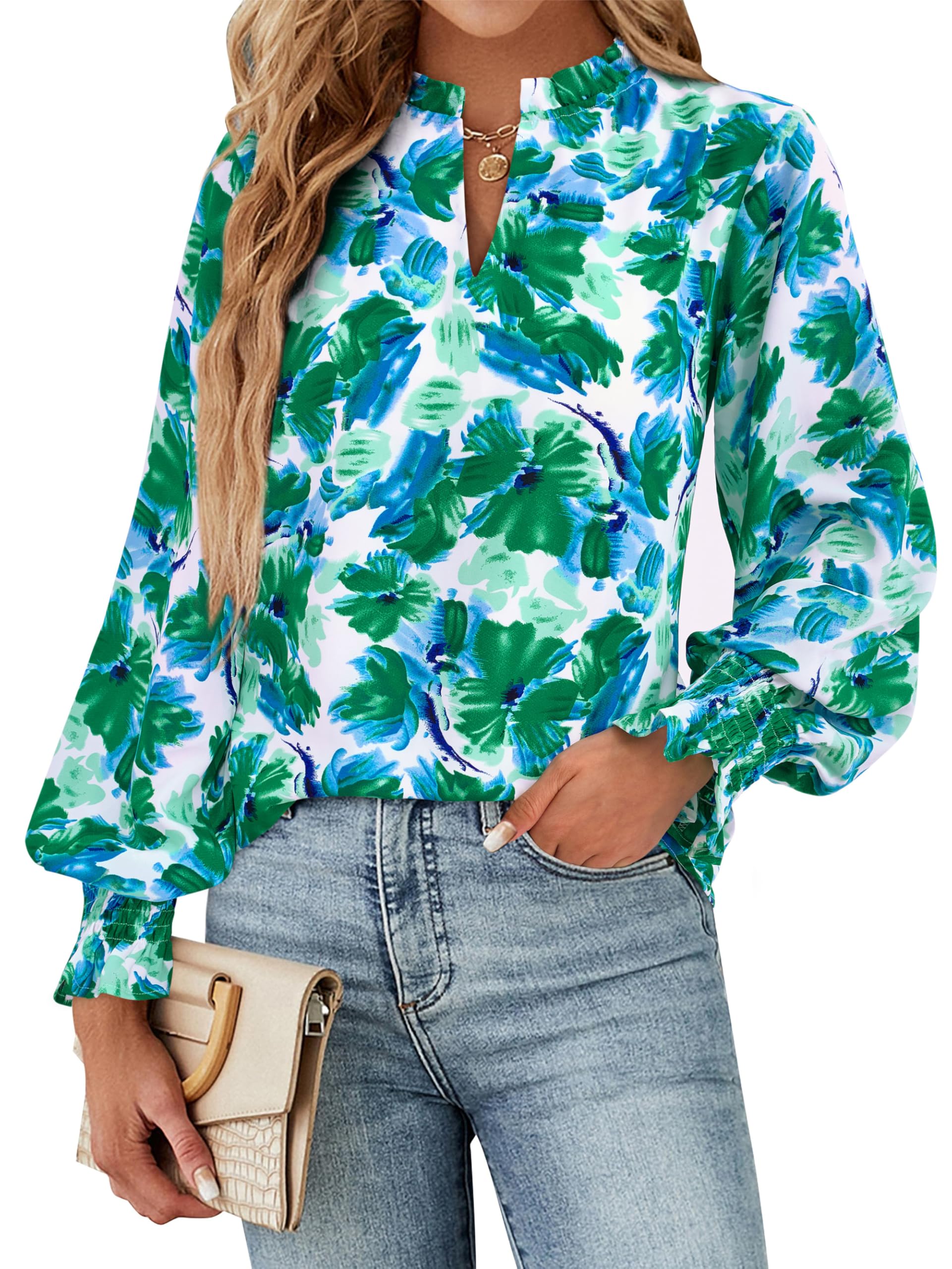 FreshPretty Womens V Neck Floral Long Sleeve Tops Summer Casual Loose Puff Sleeve Chiffon Boho Work Blouse Dressy T Shirts