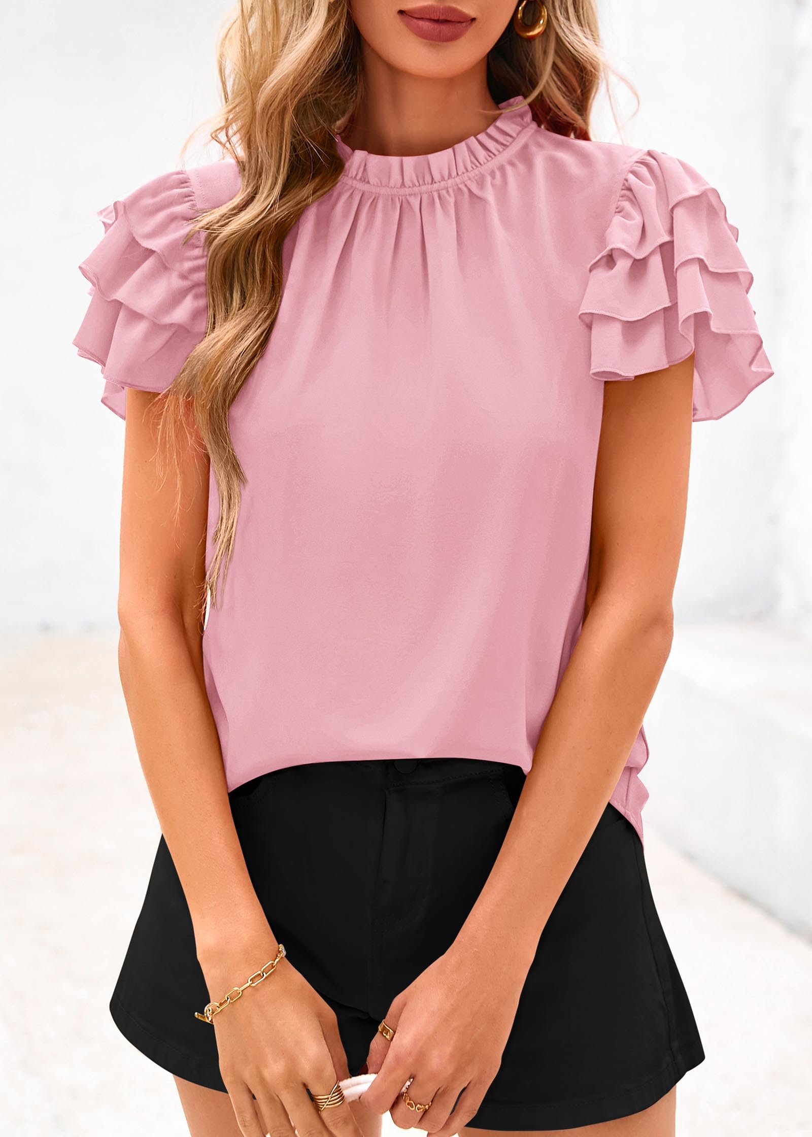 FreshPretty Blouses for Women Dressy Casual Spring Summer Ruffle Short Sleeve Mock Neck Work Shirts Tops Fashion Clothing