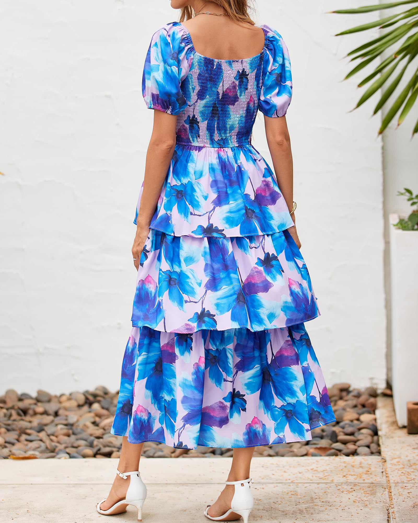 BTFBM Womens Square Neck Smocked Dress Summer Puff Short Sleeve Floral Casual Ruffle Tiered Maxi Wedding Guest Dresses