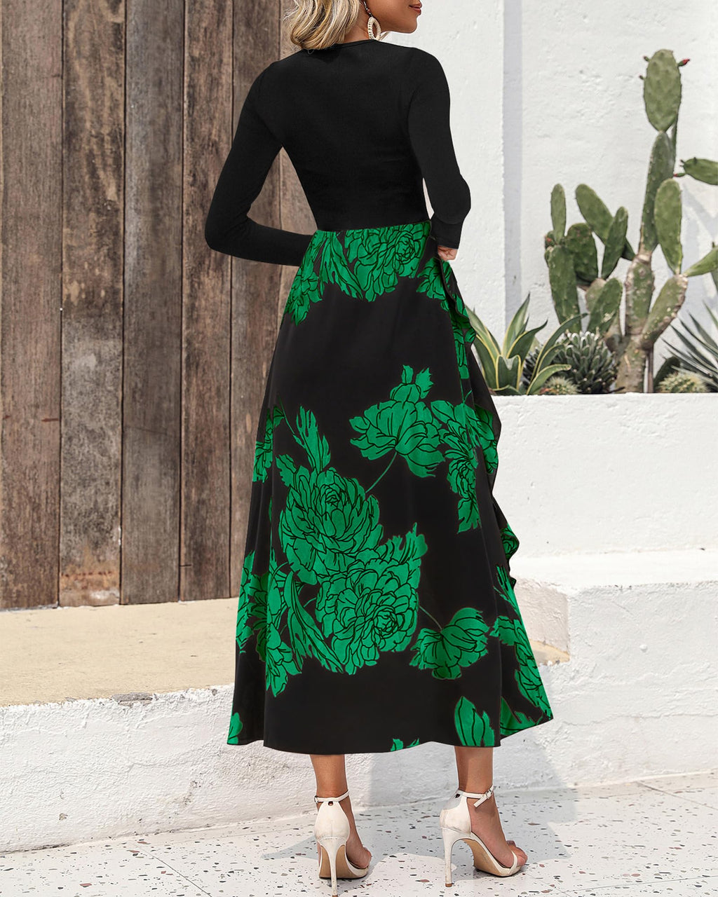 FreshPretty Womens Floral Maxi Dress Fall Casual Crewneck Long Sleeve Ruffle Flowy Cocktail Wedding Guest Dresses