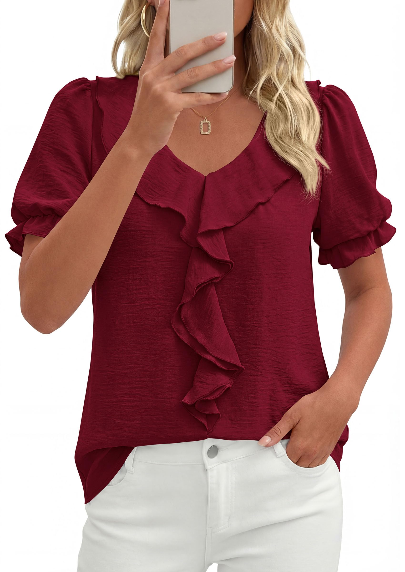 PRETTYGARDEN Women's Summer Dressy Casual Blouses Short Sleeve V Neck Ruffle Business Work Tops Trendy Spring Outfits
