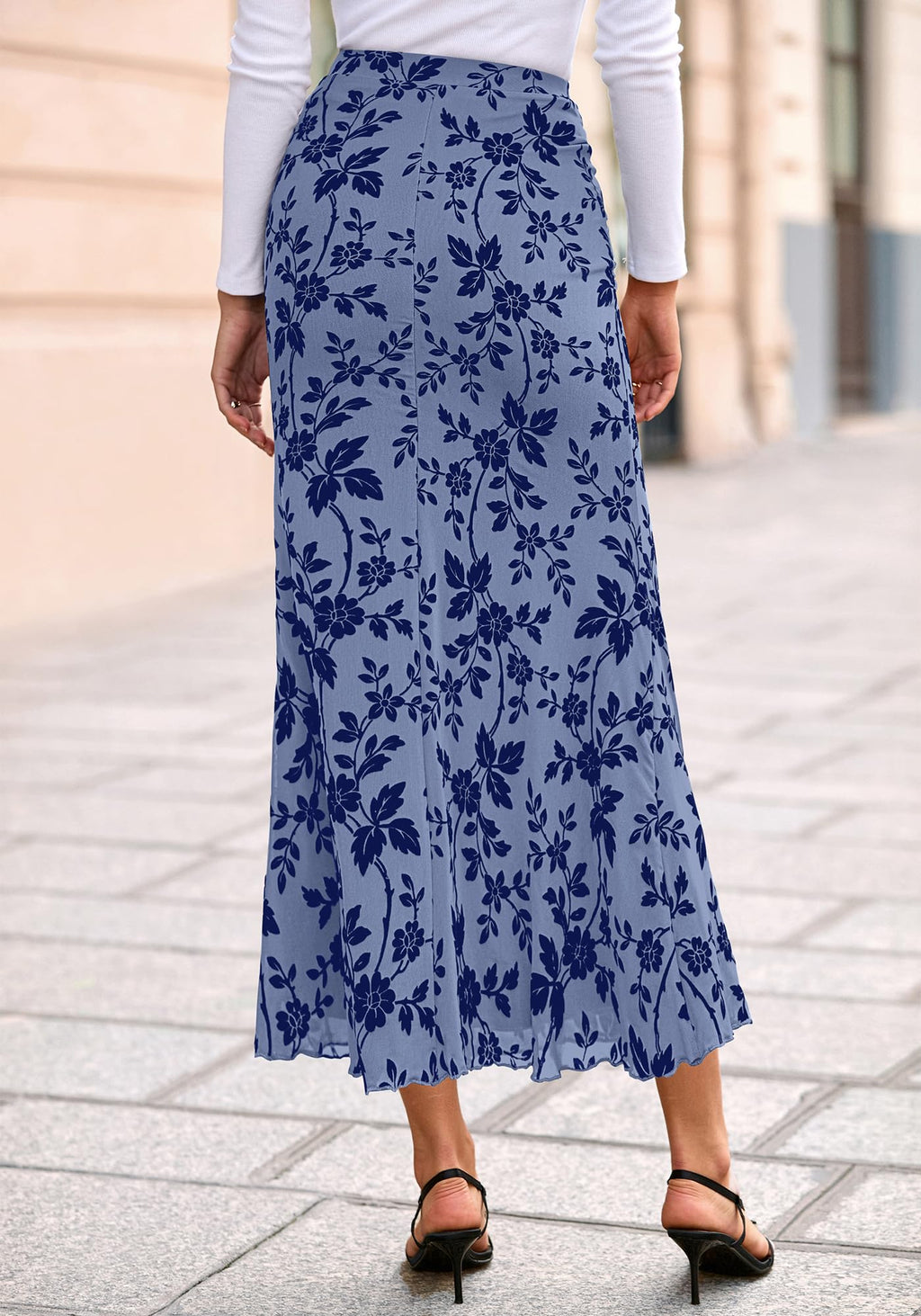 BTFBM Womens Floral Mesh Maxi Skirt Spring Summer Elastic High Waisted Boho Elegant Mermaid Long Skirts for Women