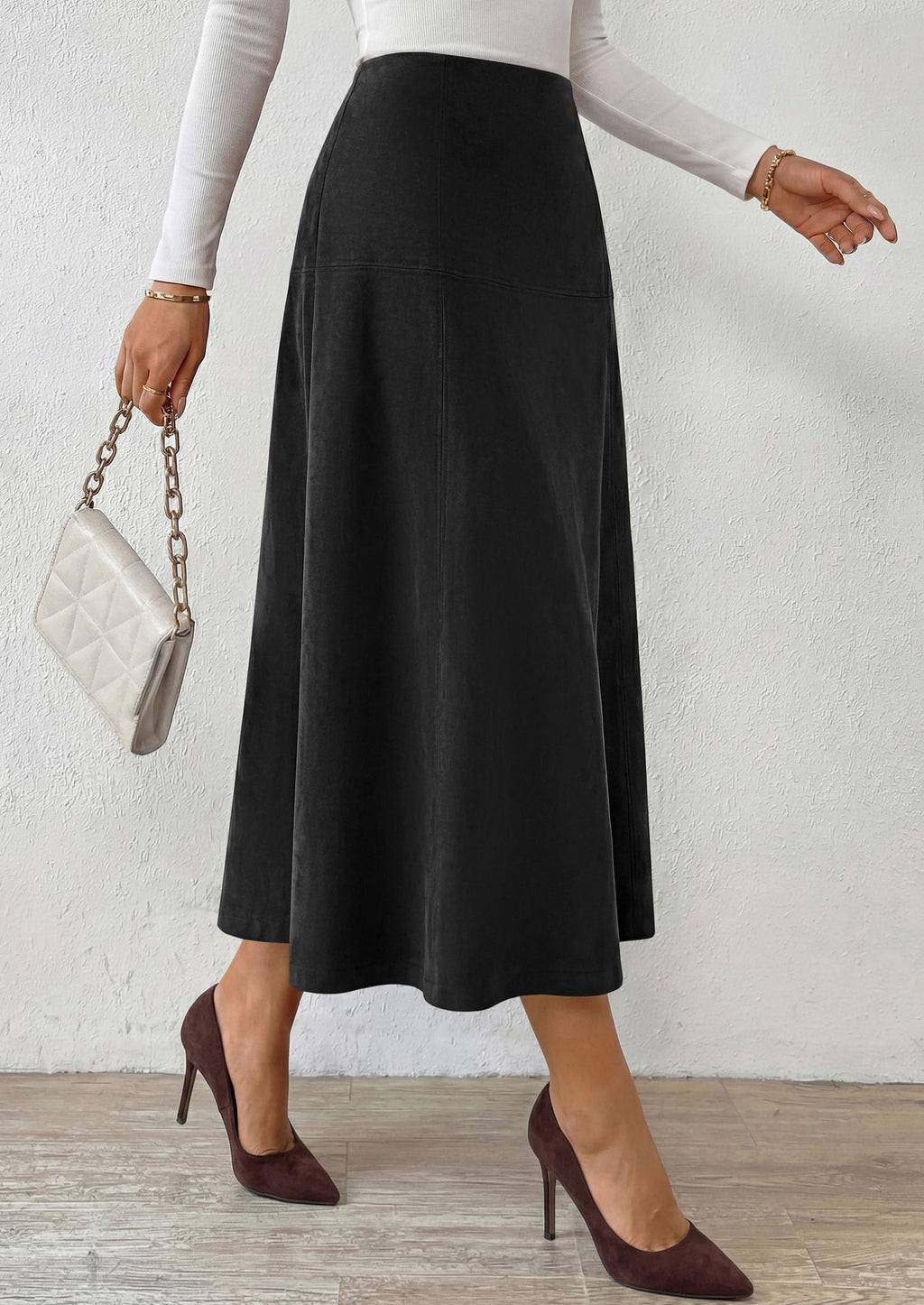 PRETTYGARDEN Womens High Waist Faux Suede A Line Midi Skirt | Hidden Stretch Elastic Waist, Front Back Panel Stitching, Vintage Elegant Mid-Calf Long Skirts for Fall Winter Office Daily