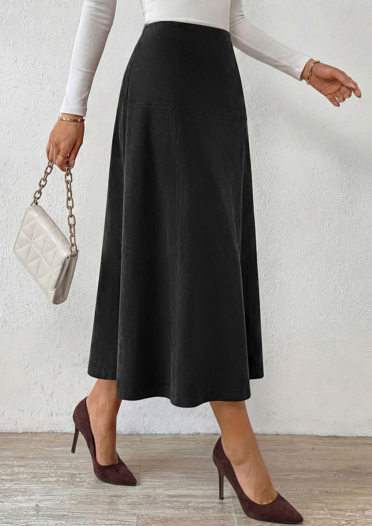 PRETTYGARDEN Womens High Waist Faux Suede A Line Midi Skirt | Hidden Stretch Elastic Waist, Front Back Panel Stitching, Vintage Elegant Mid-Calf Long Skirts for Fall Winter Office Daily