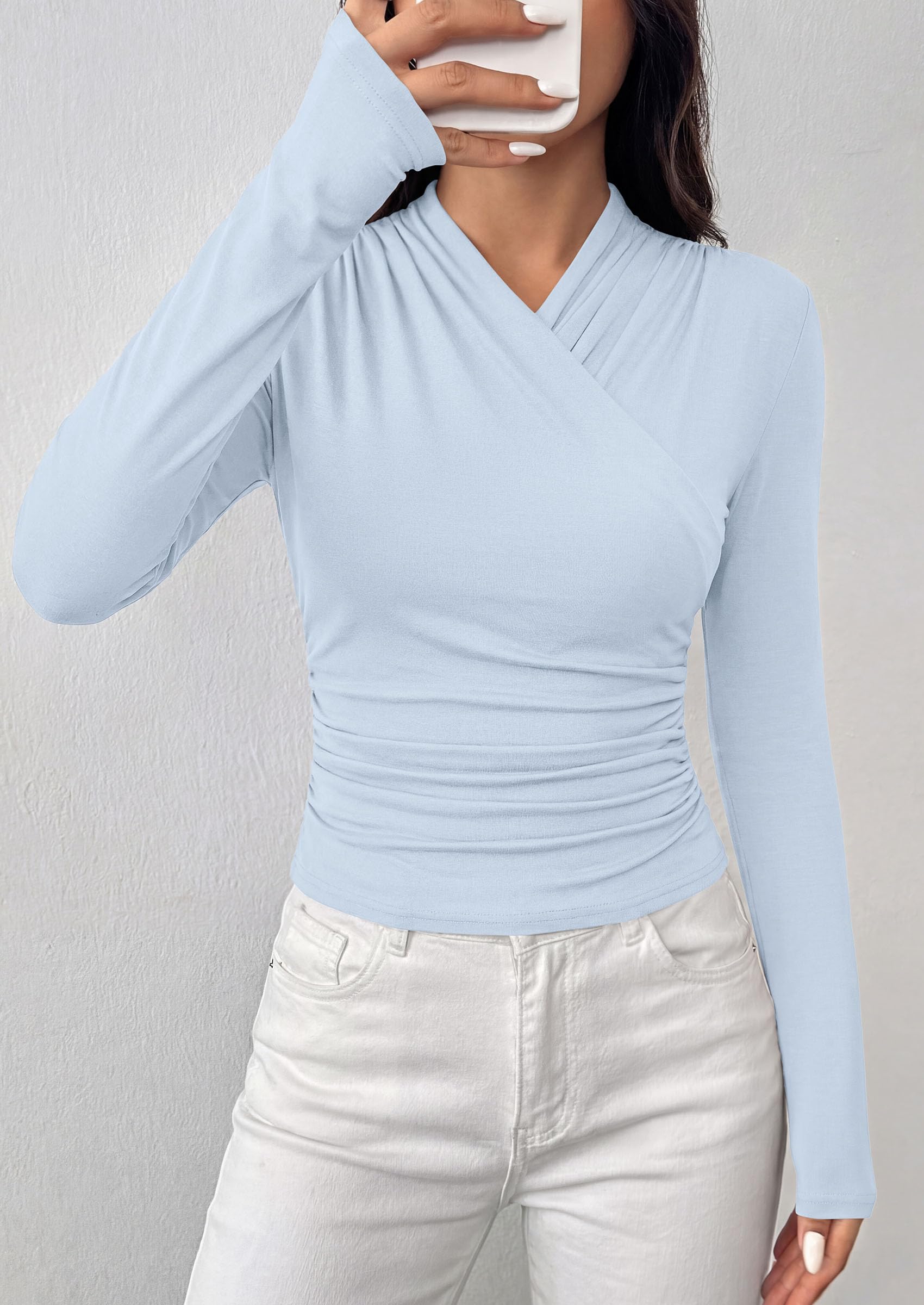 PRETTYGARDEN Womens Long Sleeve Shirts Going Out Wrap Top | Soft Heathered Stretchy Viscose Fitted Blouse, V Neck Ruched Waist Dressy Tops, Office Business Casual Fall Winter Daily Wear