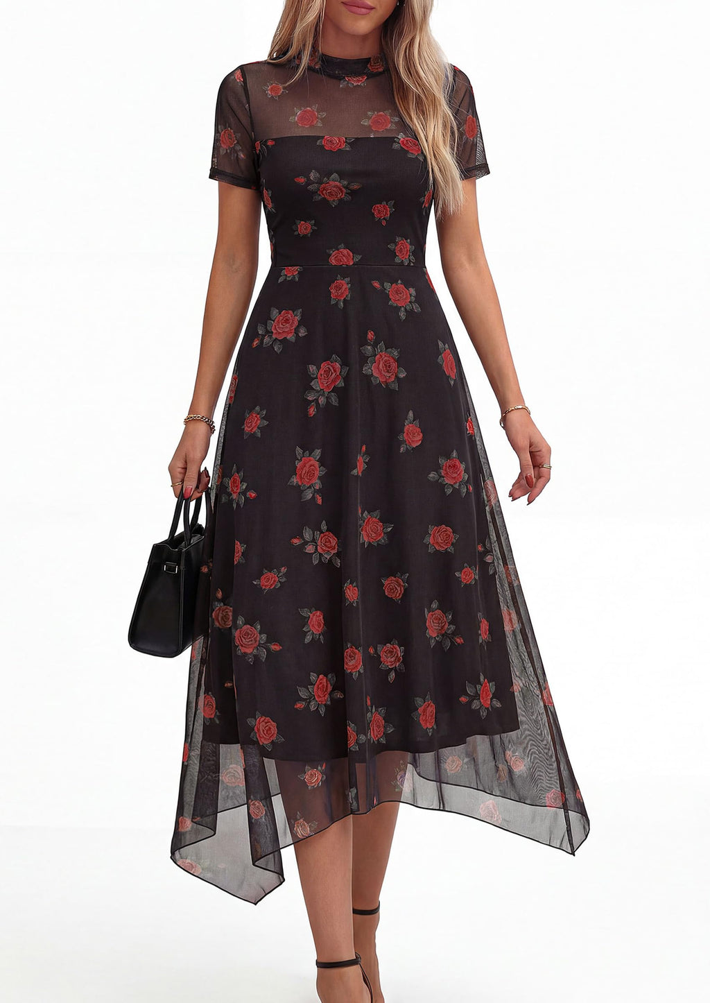 PRETTYGARDEN Cocktail Dresses for Women  Summer Short Sleeve Floral Mesh Sheer Midi Party Wedding Guest Dress
