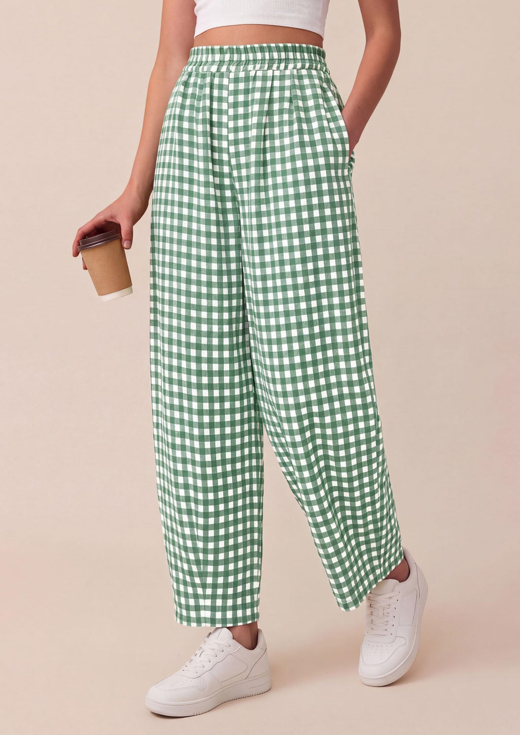 PRETTYGARDEN Plaid Barrel Pants Women Summer Casual Loose Wide Leg Lounge Gingham Trousers Spring Fashion Beach Bottoms