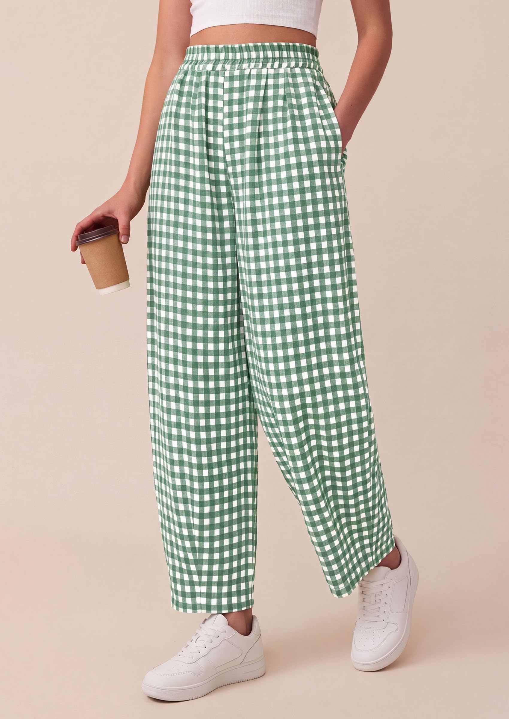 PRETTYGARDEN Plaid Barrel Pants Women Summer Casual Loose Wide Leg Lounge Gingham Trousers Spring Fashion Beach Bottoms