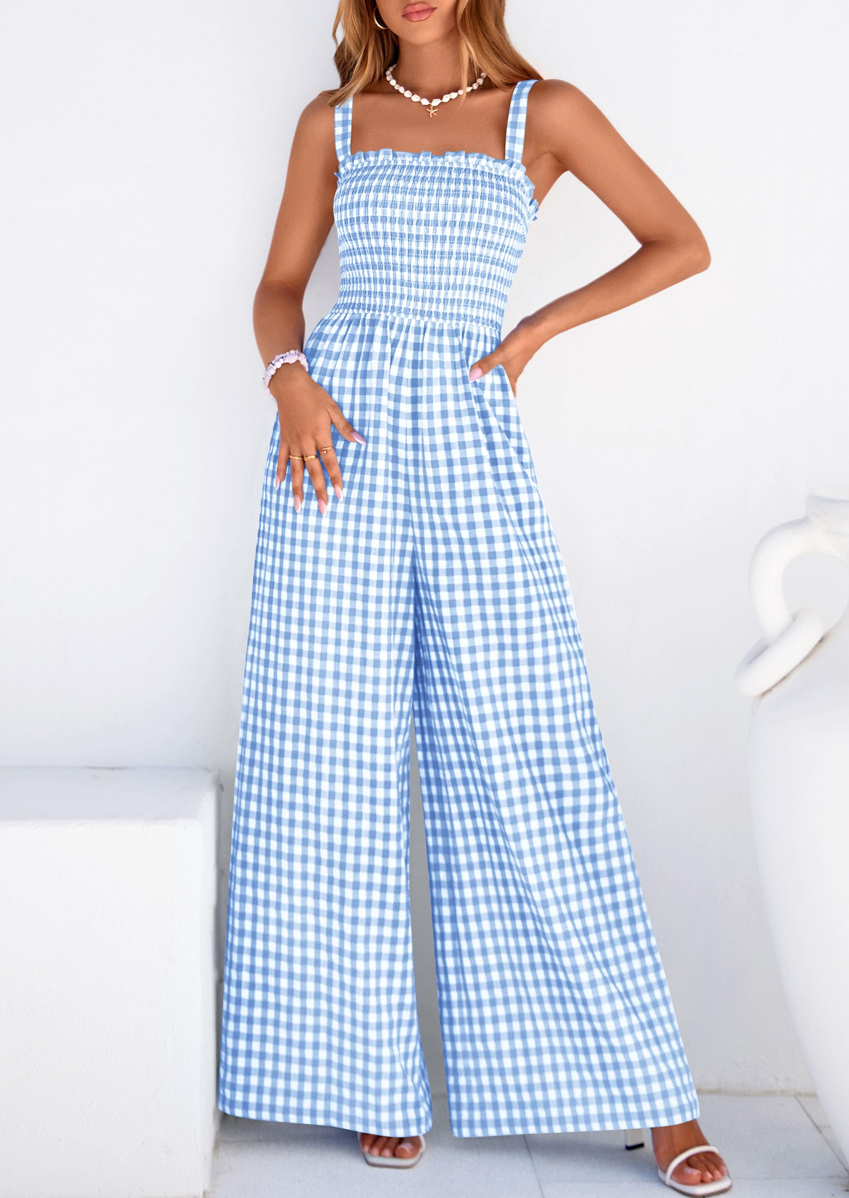 PRETTYGARDEN One Piece Jumpsuits for Women Casual Summer Cruise Outfits  Spring Fashion Smocked Wide Leg Gingham Rompers