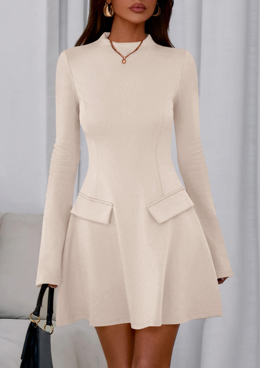 PRETTYGARDEN Women's Elegant Holiday Short Dress  Fall Bell Long Sleeve Mock Neck Work Business Casual Party Mini Dress