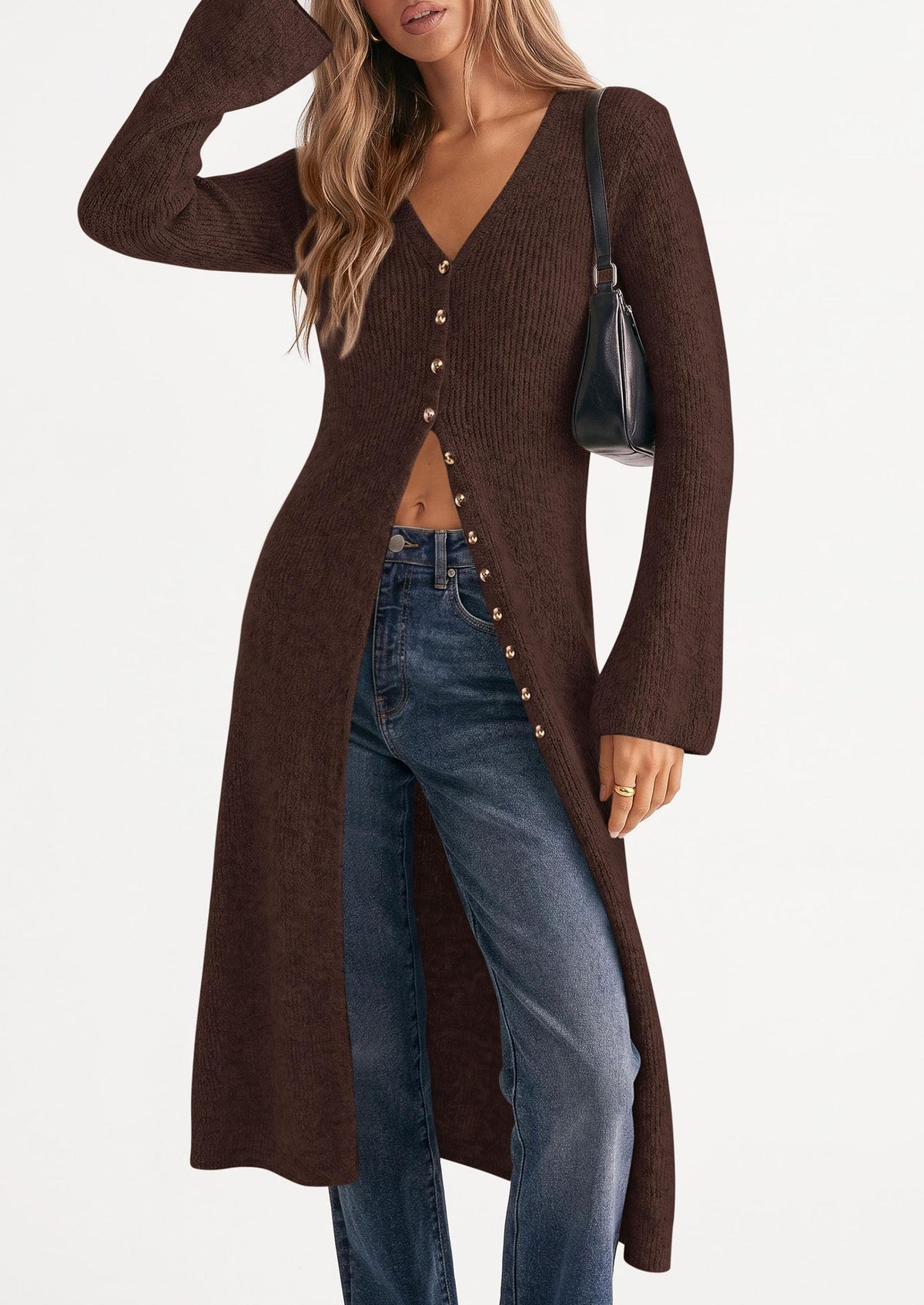 PRETTYGARDEN Women Long Cardigan Bell Sleeve Sweater Dress Early Fall Fashion, V Neck Button Down Coats, Fit and Flare, Duster Sweater, Acrylic Cotton Blend