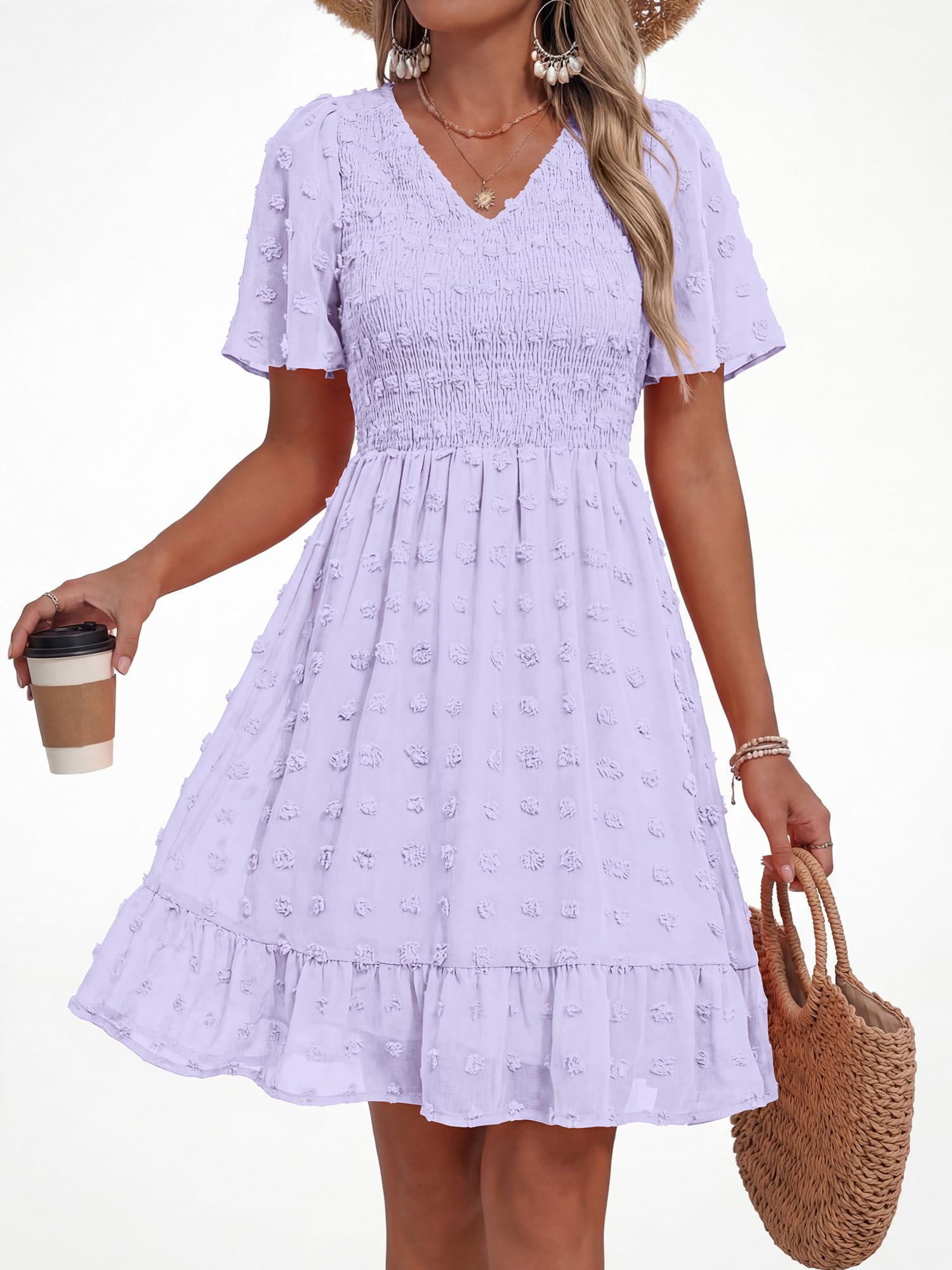FreshPretty Womens Beach Vacation Dress Summer V Neck Short Sleeve Smocked Swiss Dot Ruffle Casual Mini Spring Dresses