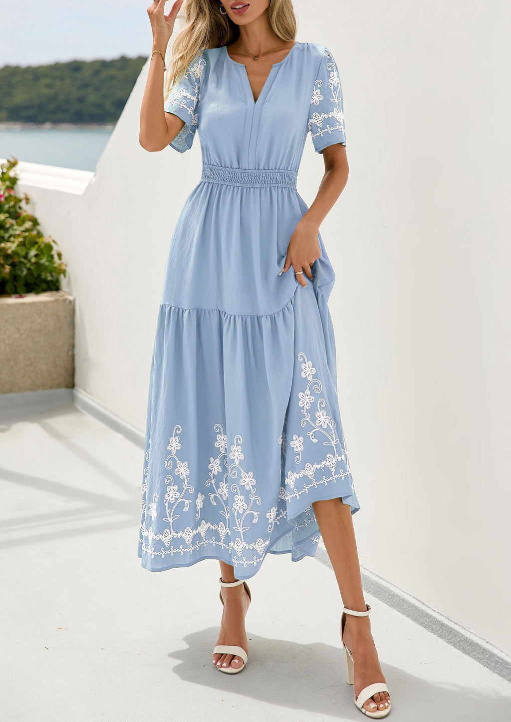 PRETTYGARDEN Women's Summer Boho Maxi Dress Spring Floral Short Sleeve V Neck A Line Flowy Beach Wedding Guest Dresses