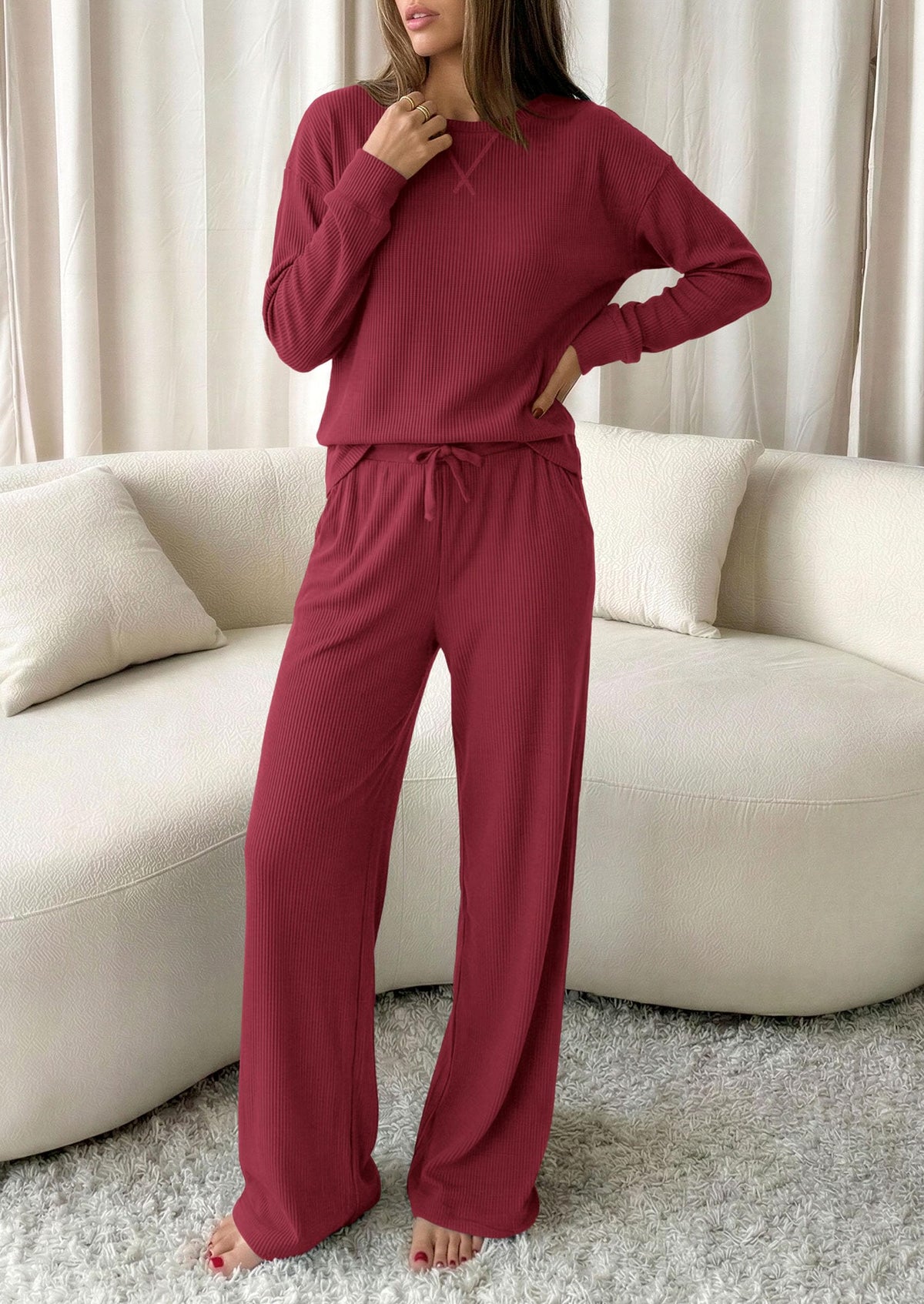 PRETTYGARDEN Sweatsuits Women 2 Piece Airport Travel Outfits | Ribbed Knit Lounge Sets, Casual Athleisure Wear, Matching Long Sleeve Shirts & Wide Leg Pants Pockets, Fall Winter Clothes