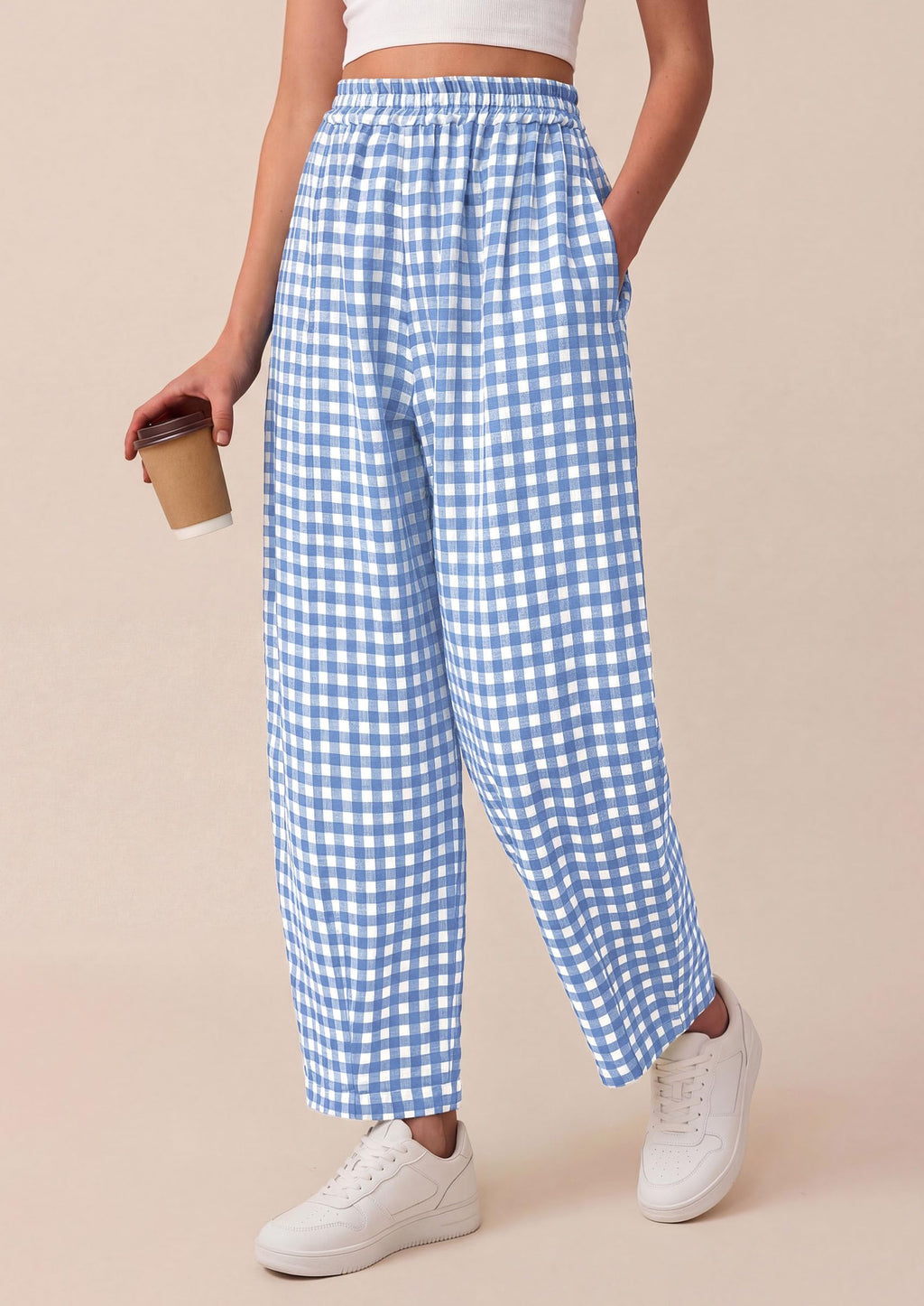 PRETTYGARDEN Plaid Barrel Pants Women Summer Casual Loose Wide Leg Lounge Gingham Trousers Spring Fashion Beach Bottoms