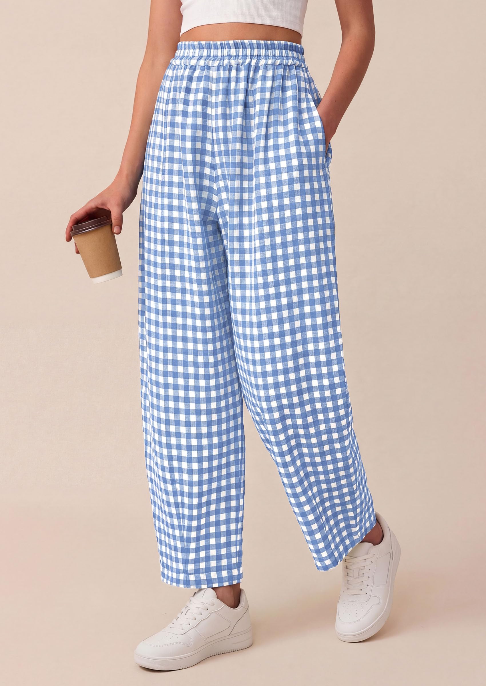 PRETTYGARDEN Plaid Barrel Pants Women Summer Casual Loose Wide Leg Lounge Gingham Trousers Spring Fashion Beach Bottoms
