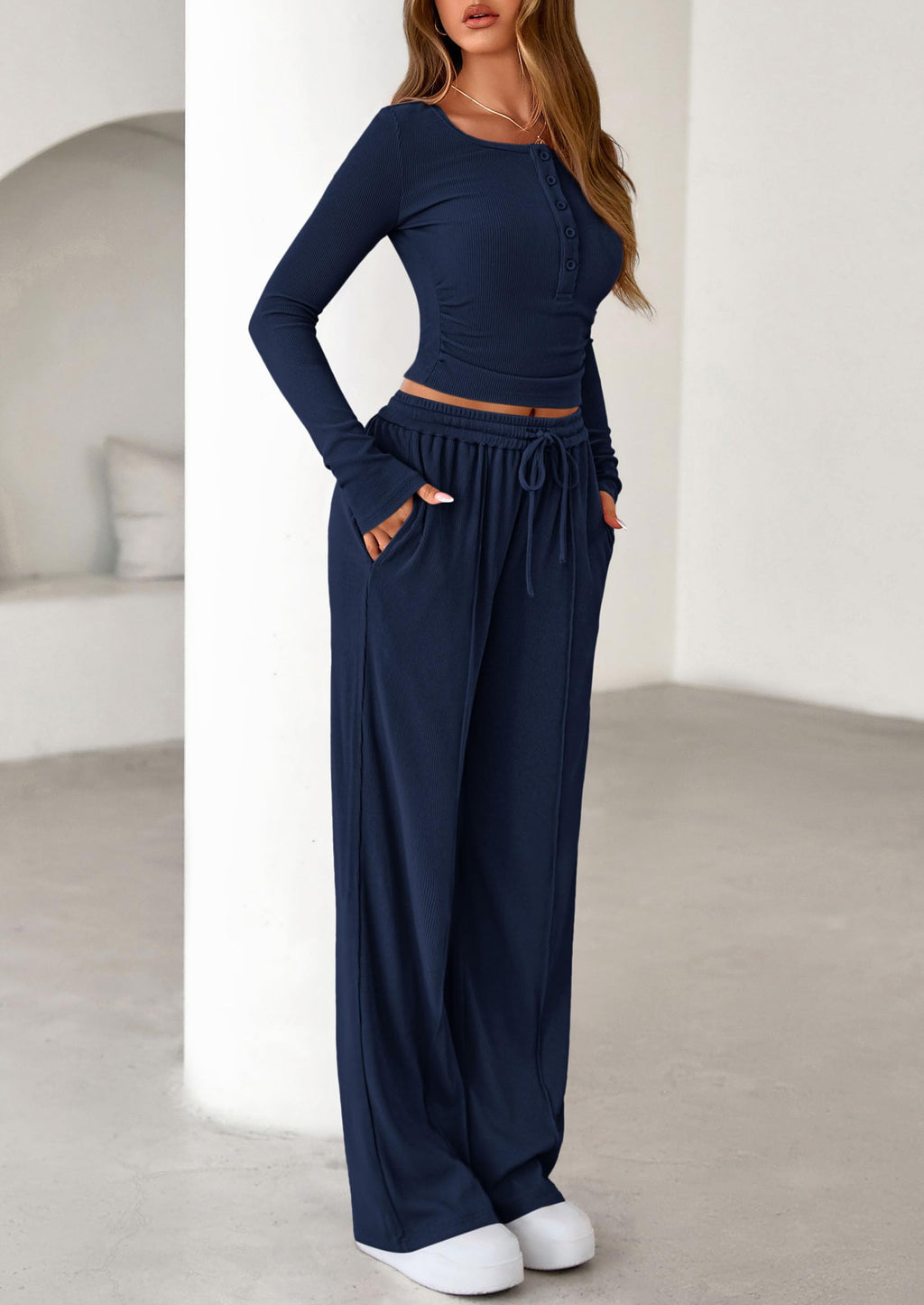 PRETTYGARDEN Women's  Fall Trendy 2 Piece Outfits Lounge Sets Long Sleeve Top Henley Shirts Wide Leg Pants Travel Clothes