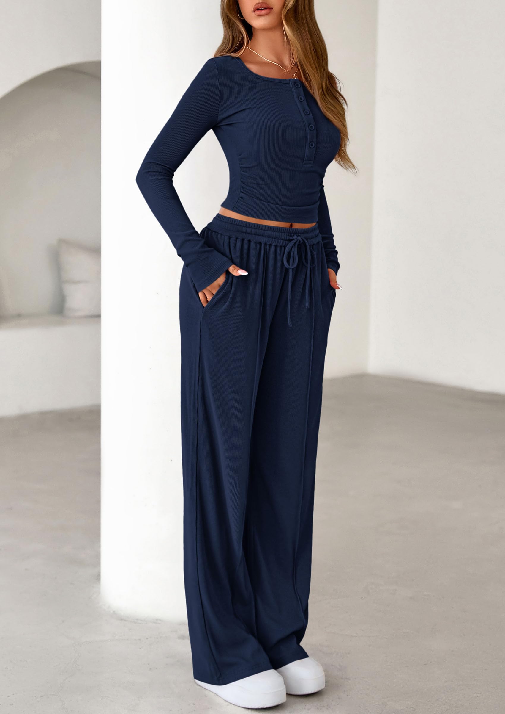 PRETTYGARDEN Women's  Fall Trendy 2 Piece Outfits Lounge Sets Long Sleeve Top Henley Shirts Wide Leg Pants Travel Clothes