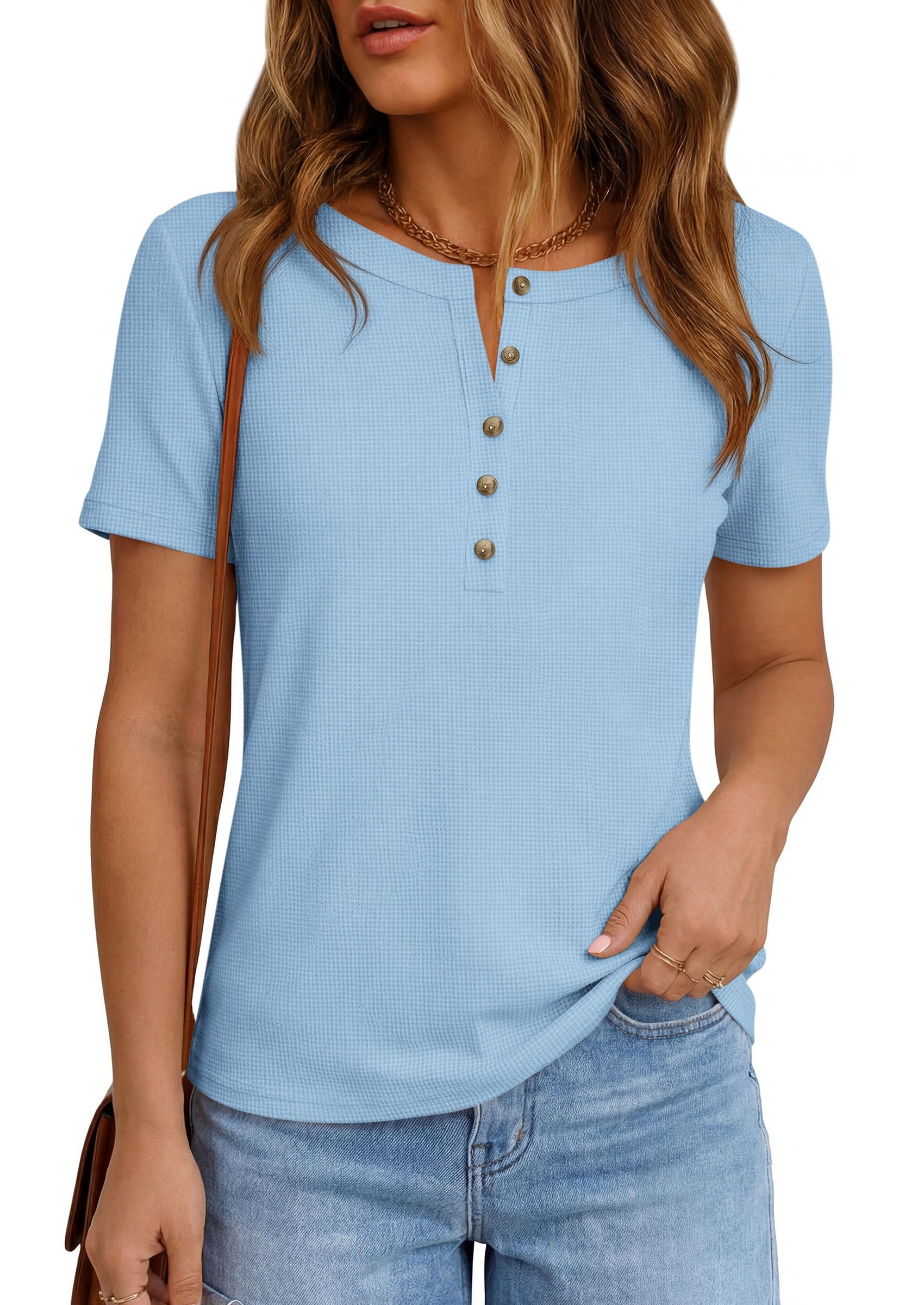 PRETTYGARDEN Waffle Knit Tops for Women Short Sleeve Henley Shirts  Summer Blouses Dressy Casual Spring Fashion Clothes