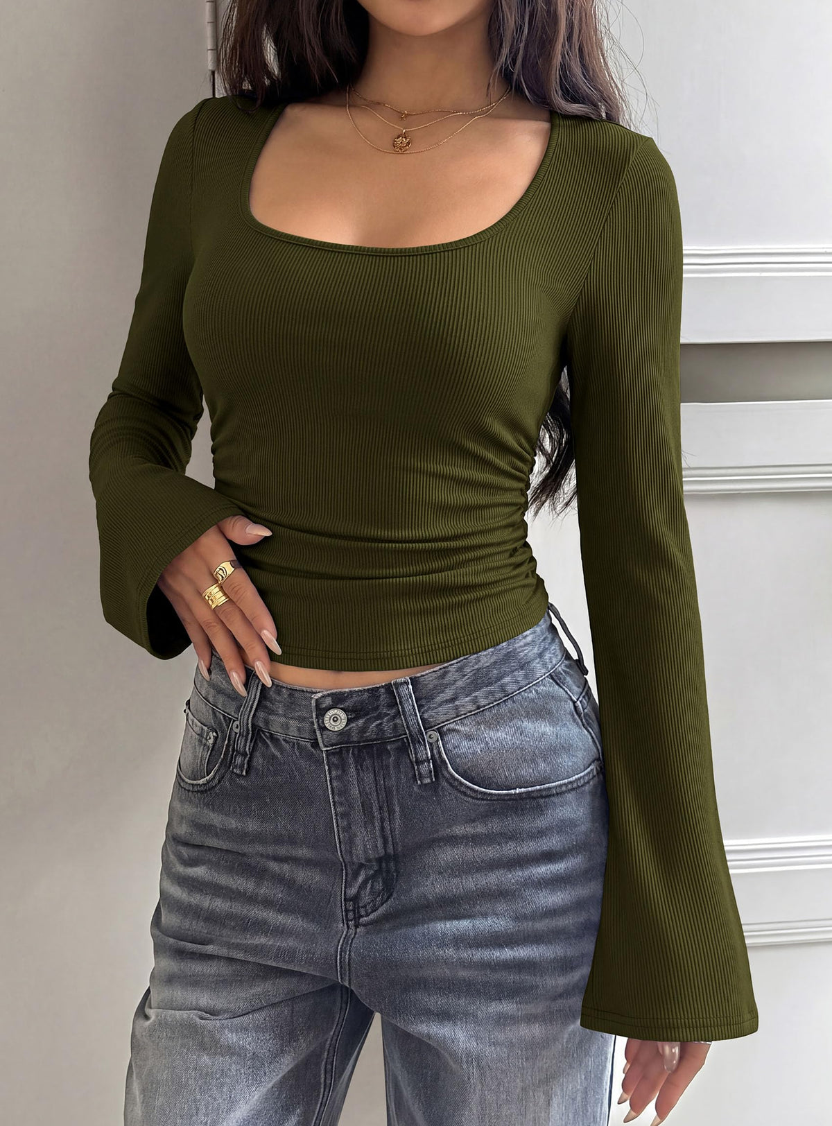 PRETTYGARDEN Womens Bell Long Sleeve Shirts Going Out Tops | Soft Stretchy Ribbed Knit, Square Neck, Slim Fit Y2K Clothes, Trendy Side Ruched, Layering Tee for Casual Fall & Winter Wear