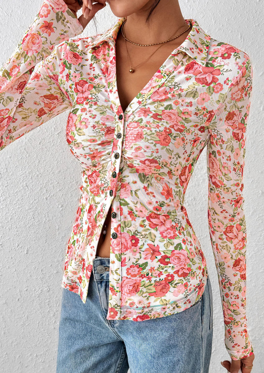 PRETTYGARDEN Women Button Down Floral Shirts Fall Trendy Long Sleeve V Neck Mesh Boho Blouse Spring Tops Date Outfits