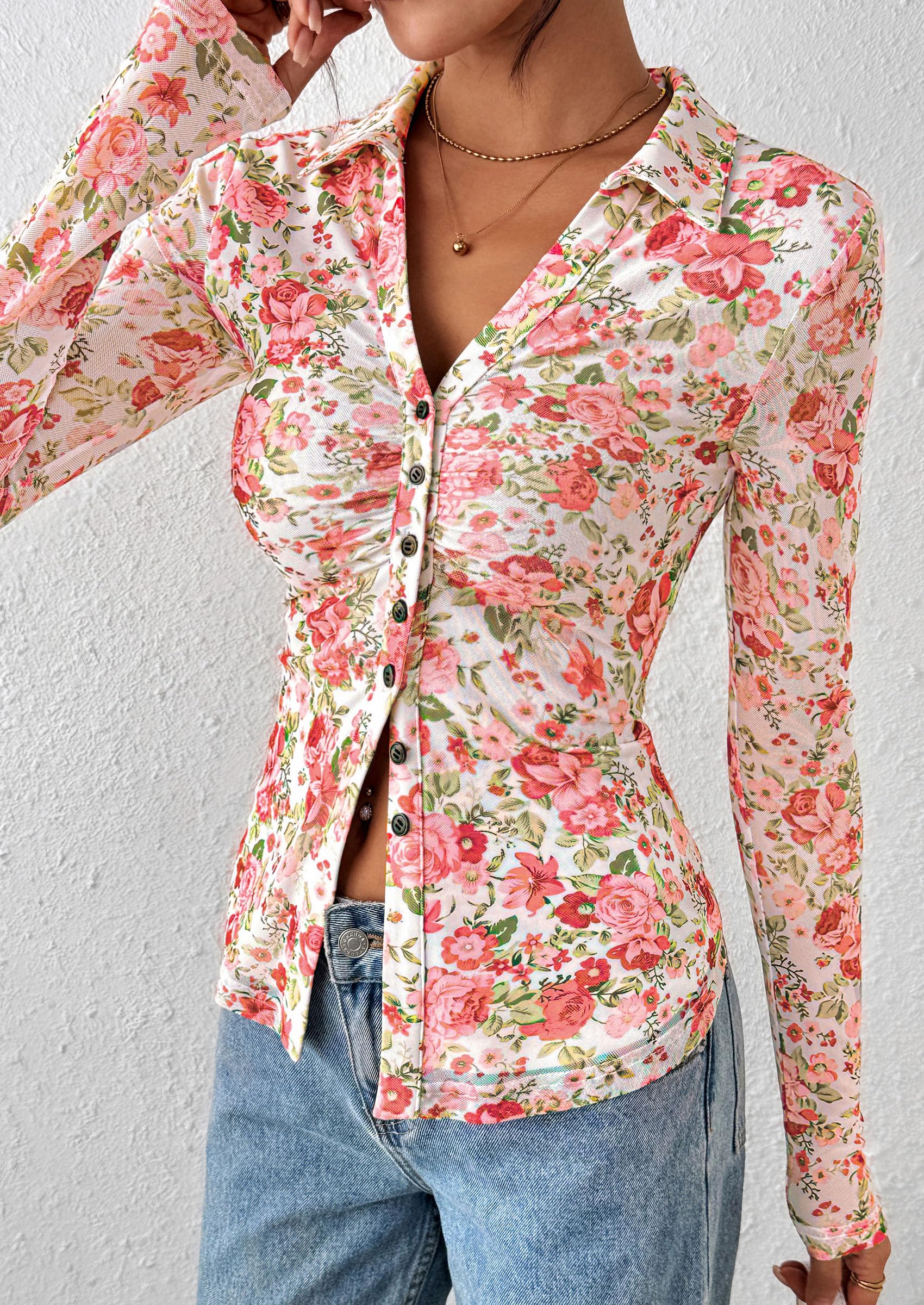 PRETTYGARDEN Women Button Down Floral Shirts Fall Trendy Long Sleeve V Neck Mesh Boho Blouse Spring Tops Date Outfits