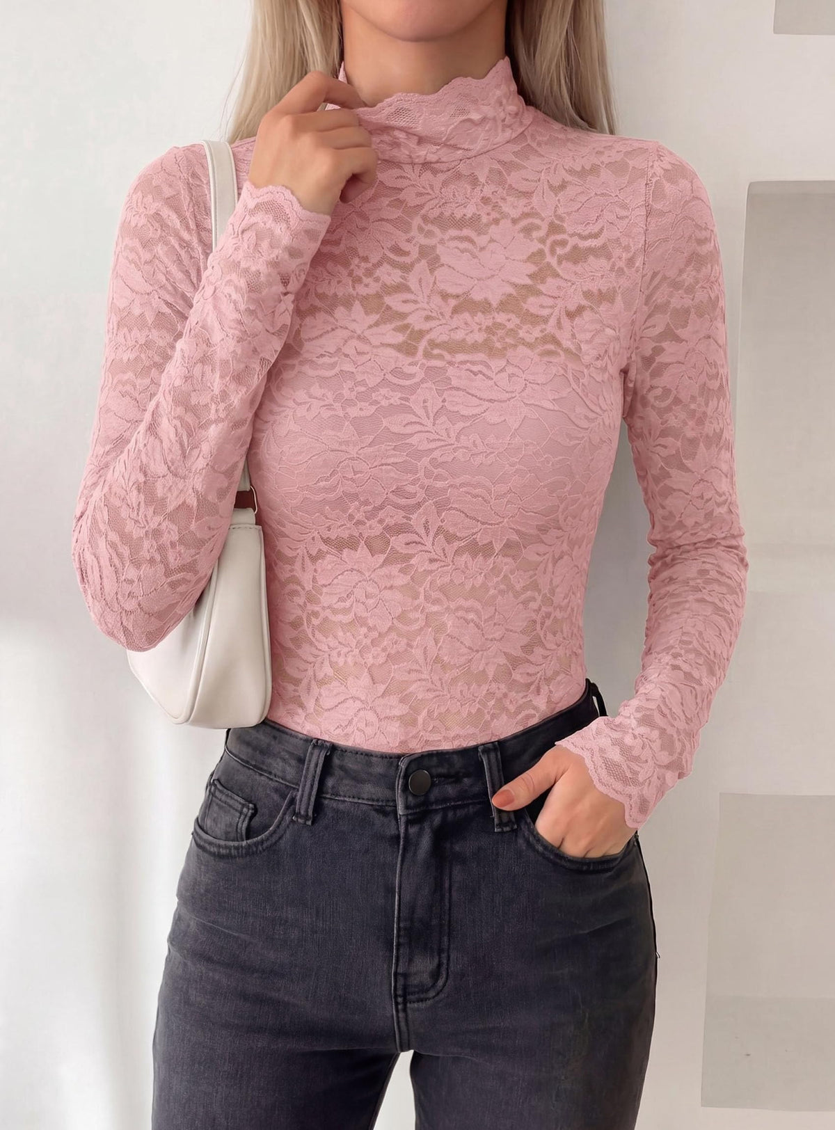 PRETTYGARDEN Womens Lace Long Sleeve Tops Sheer Mesh Blouse | Mock Neck Floral See Through, Slim Fitted, Soft Stretchy Elegant, Going Out Concert, Club Party Outfits, Fall Fashion Clothes