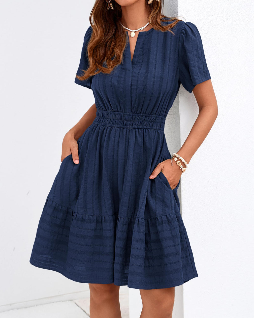BTFBM Womens Spring  Casual Mini Dresses Lightweight Short Sleeve V Neck Elastic Waist Cute Boho Beach Dress Pockets