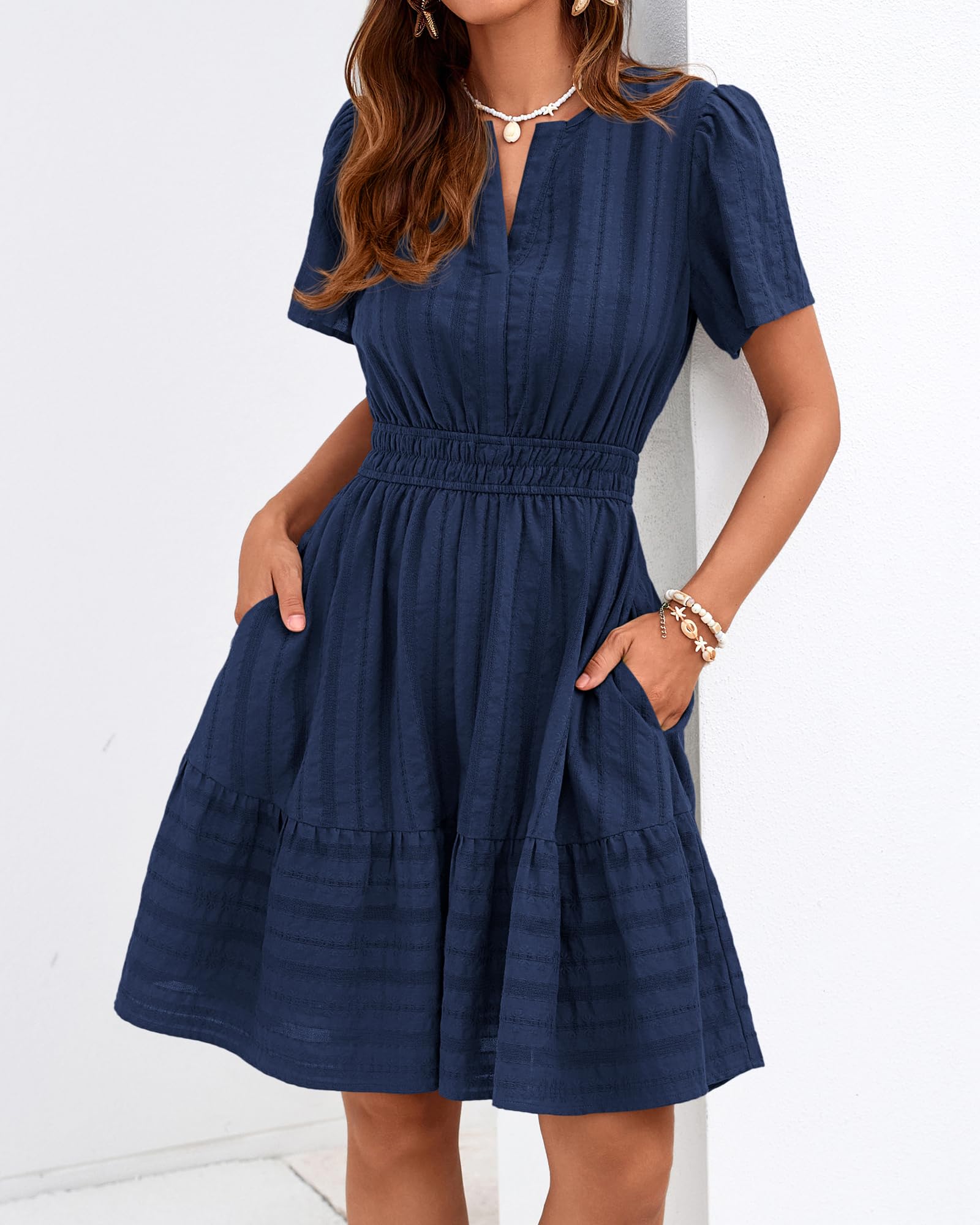 BTFBM Womens Spring  Casual Mini Dresses Lightweight Short Sleeve V Neck Elastic Waist Cute Boho Beach Dress Pockets