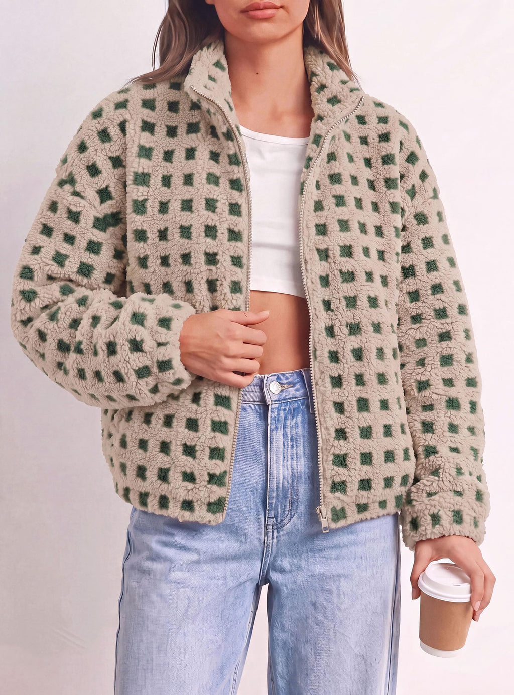 PRETTYGARDEN Women's Gingham Sherpa Fleece Jacket Plaid Cropped Teddy Coat Trendy Y2K Winter Jacket, Zip Up Stand Collar, Side Pockets, Fall Outfit for Casual Daily, Going Out, Streetwear, Outdoor