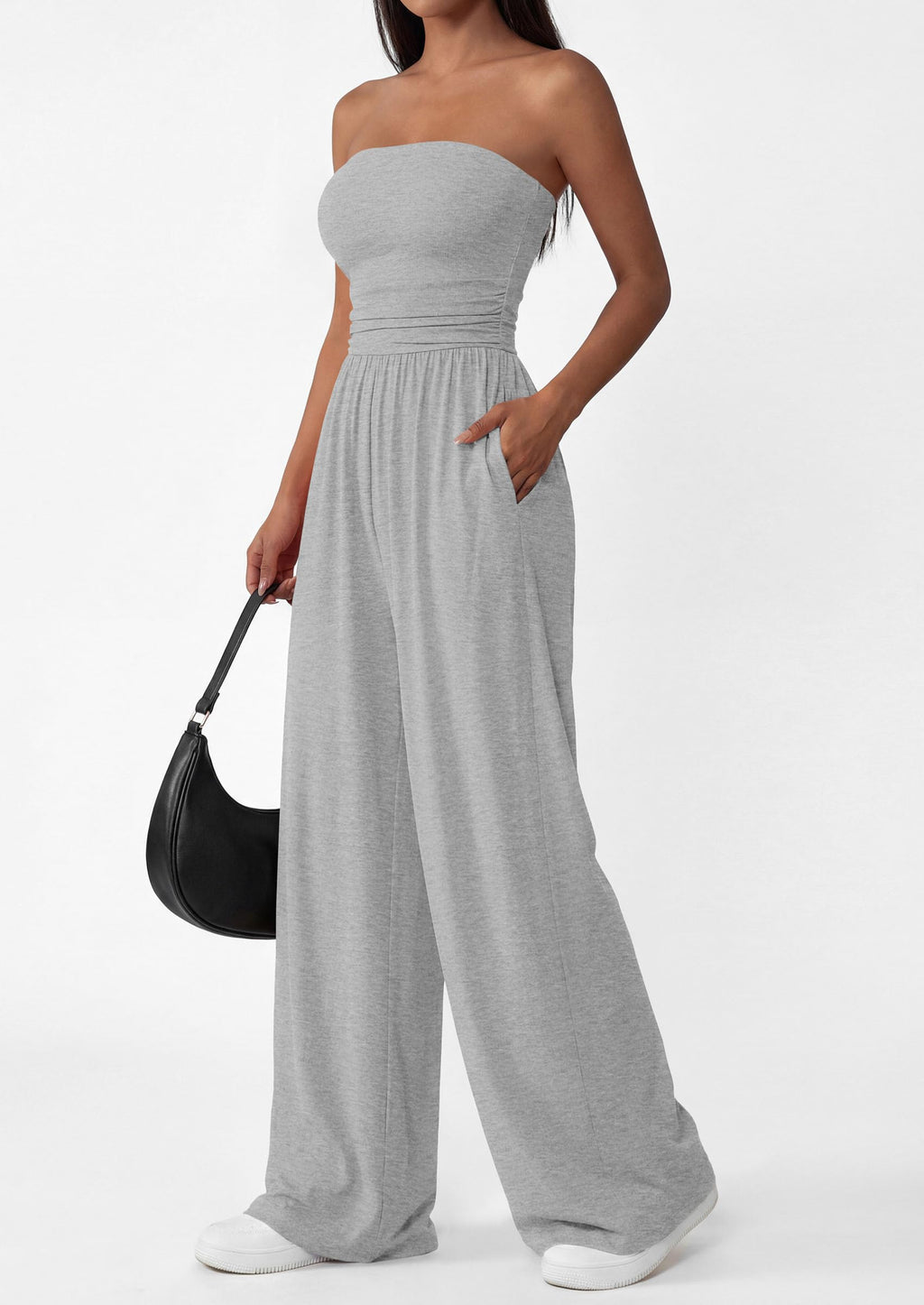 PRETTYGARDEN Womens Trendy Strapless Rompers Ruched Tube Top Wide Leg One Piece Jumpsuits Beach Vacation Summer Outfits
