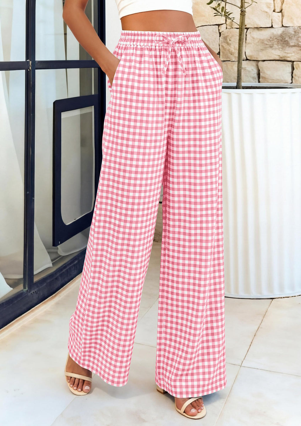 PRETTYGARDEN Women's Wide Leg Gingham Lounge Pants Summer  Casual Plaid Trousers Spring Y2K Clothes Comfy Pajama Bottoms