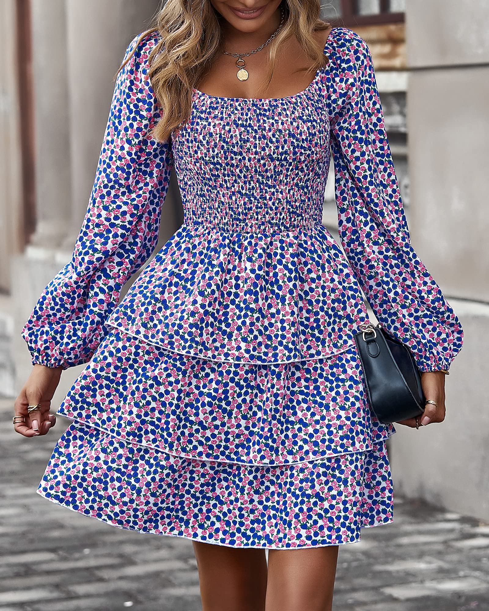 FreshPrettyWomen Square Neck Smocked Dresses Summer Spring Long Sleeve Floral Swiss Dot Mini Boho Wedding Guest Dress