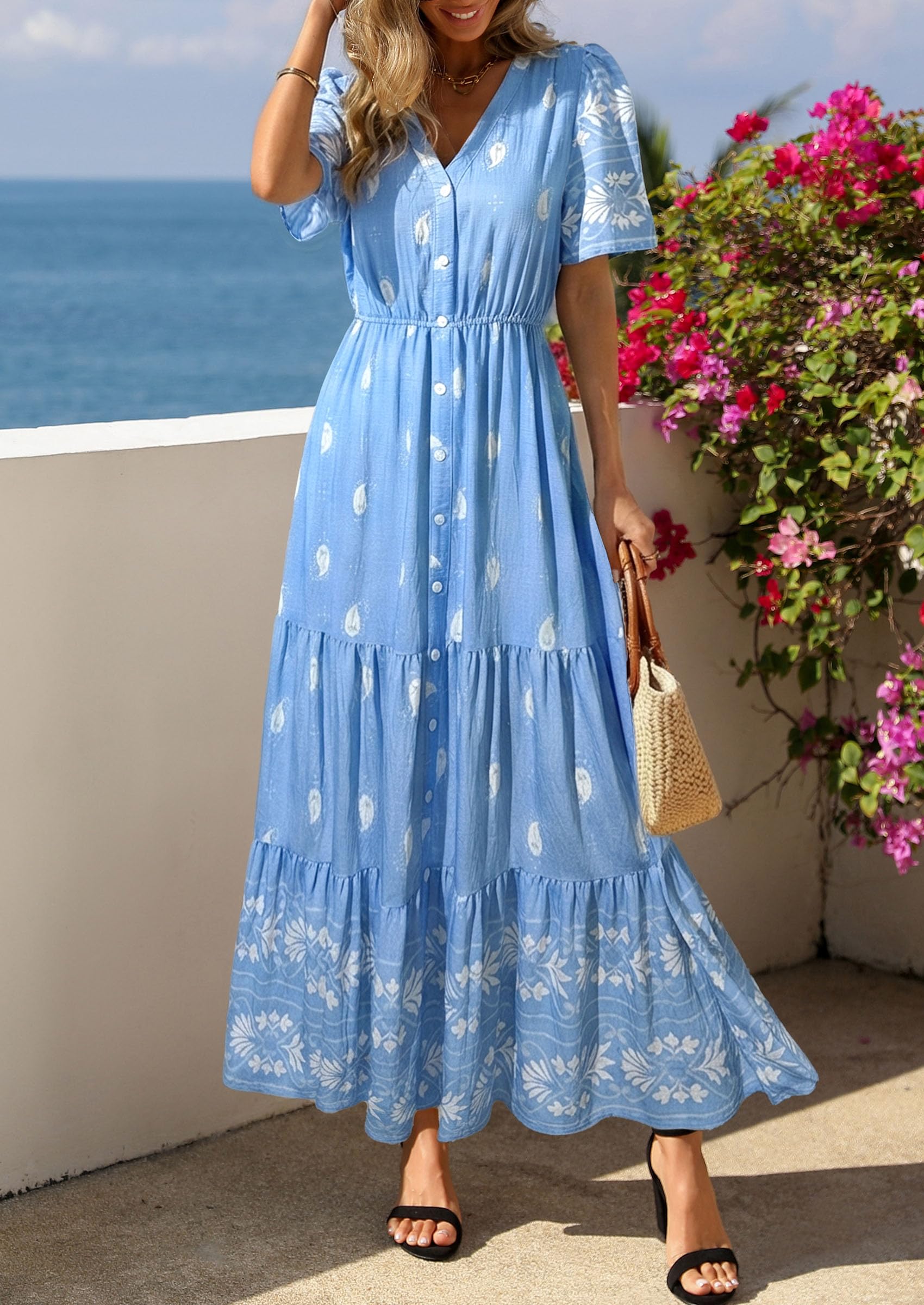 PRETTYGARDEN Womens Summer Boho Maxi Dress Trendy Short Sleeve V Neck Flowy Beach Floral Dresses with Pockets