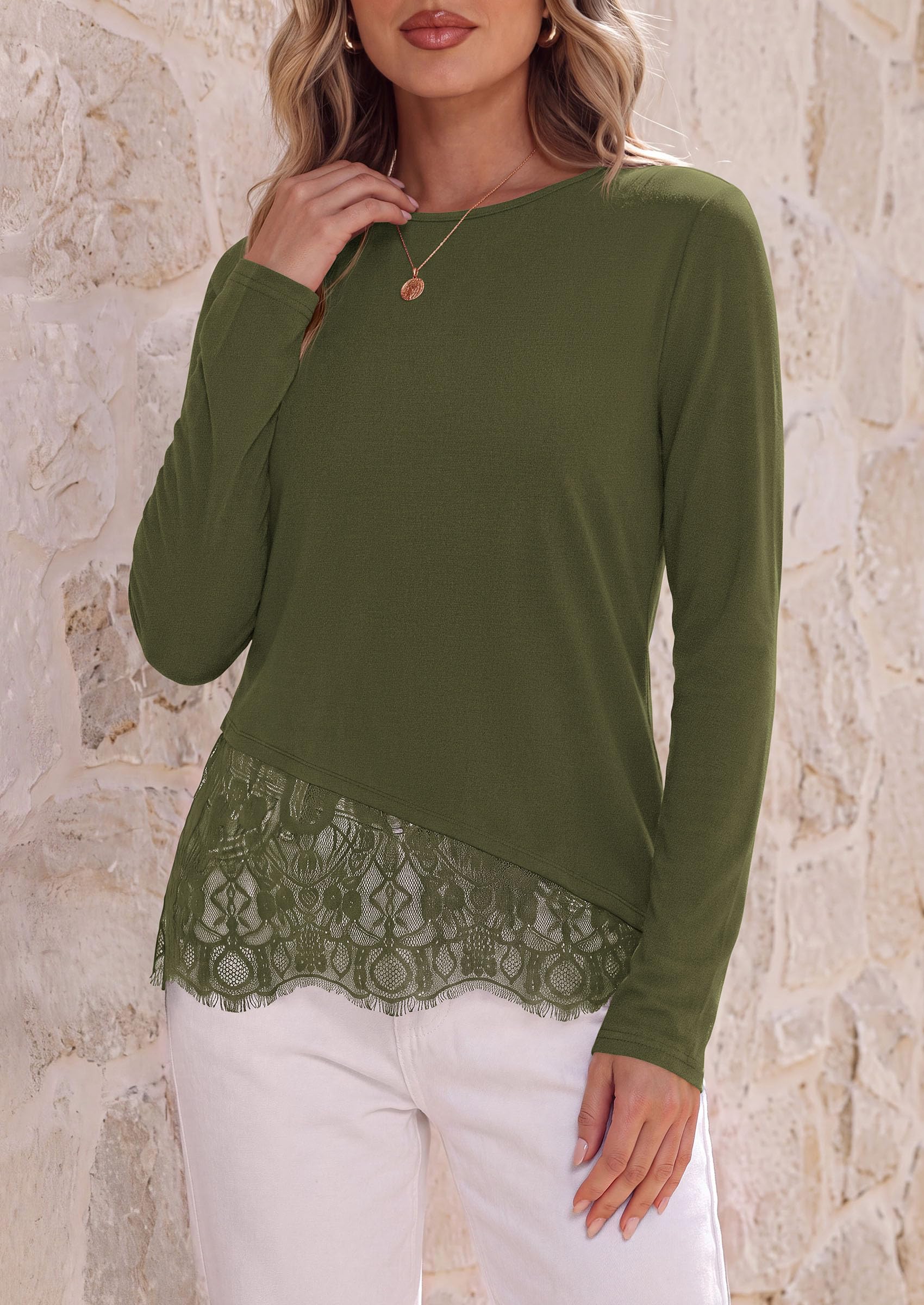 PRETTYGARDEN Women's Lace Patchwork Long Sleeve Shirts | Soft Casual Tops,Irregular Asymmetrical Hem,Crew Neck Thermal Blouses,Loose Fit Layer Tee,Fashion Fall Winter Daily Wear
