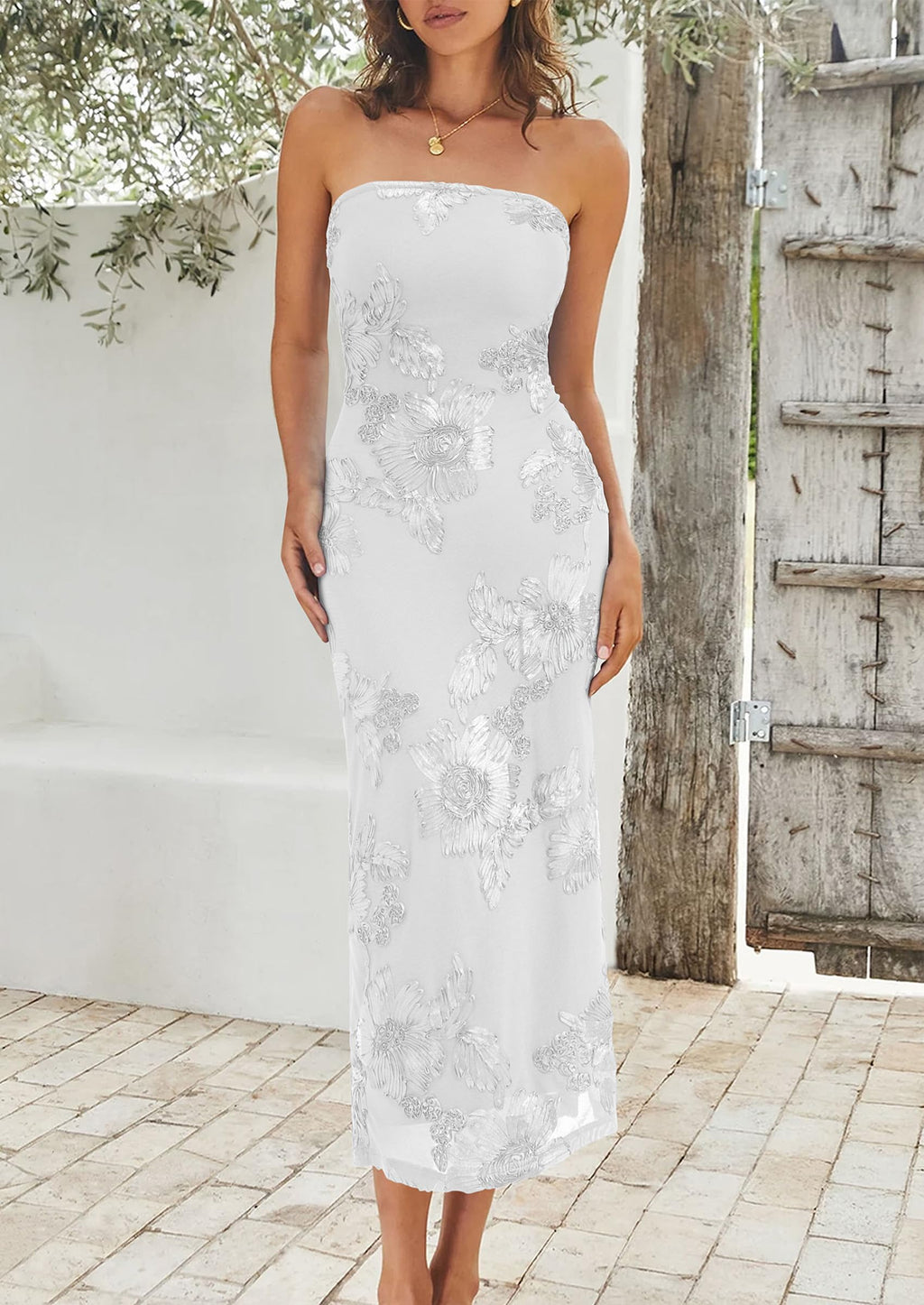 PRETTYGARDEN Women's Summer Wedding Guest Floral Midi Dress Strapless Tube Top, Side Slit, Bodycon Mesh, Elegant Cocktail Dresses for Homecoming Party, Birthday, Dinner, Formal Gowns
