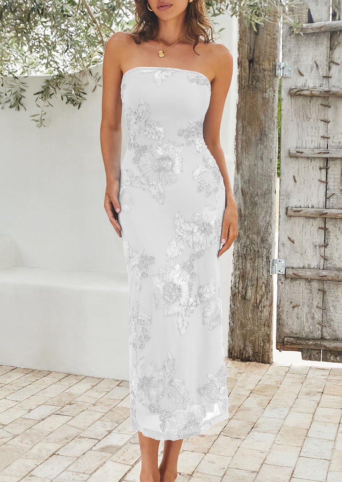 PRETTYGARDEN Women's Summer Wedding Guest Floral Midi Dress Strapless Tube Top, Side Slit, Bodycon Mesh, Elegant Cocktail Dresses for Homecoming Party, Birthday, Dinner, Formal Gowns