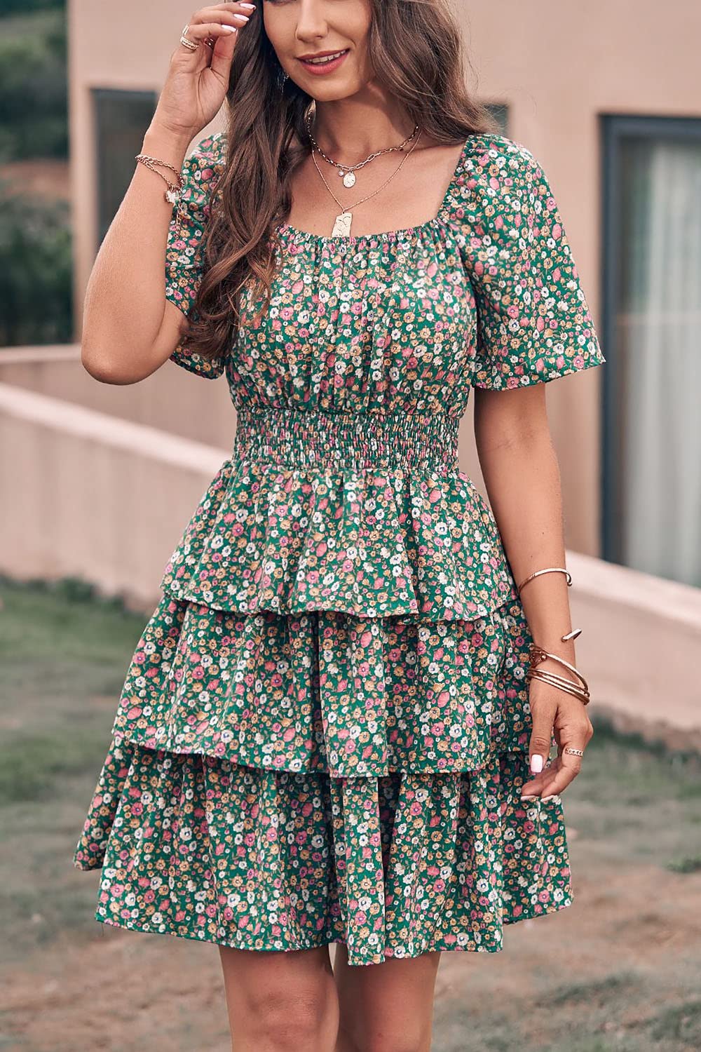 PRETTYGARDEN Women's  Floral Summer Short Dress Square Neck Short Sleeve Tiered Ruffle Boho Swing Dresses