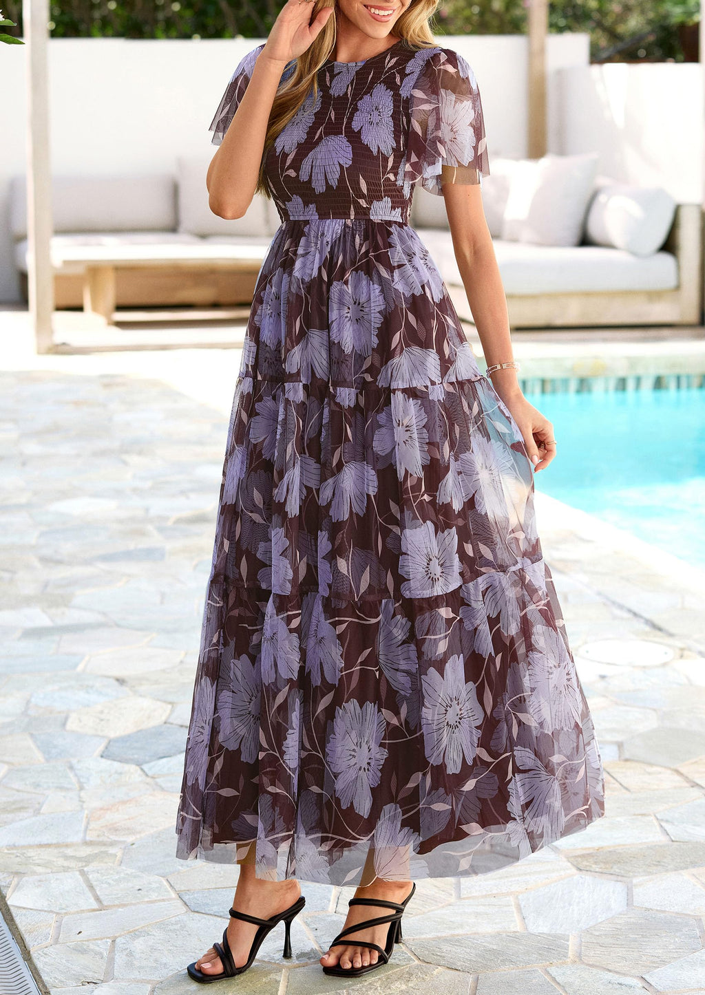PRETTYGARDEN Tulle Floral Dress Women Summer Wedding Guest  Spring Short Sleeve Maxi Smocked Flowy Beach Party Dresses