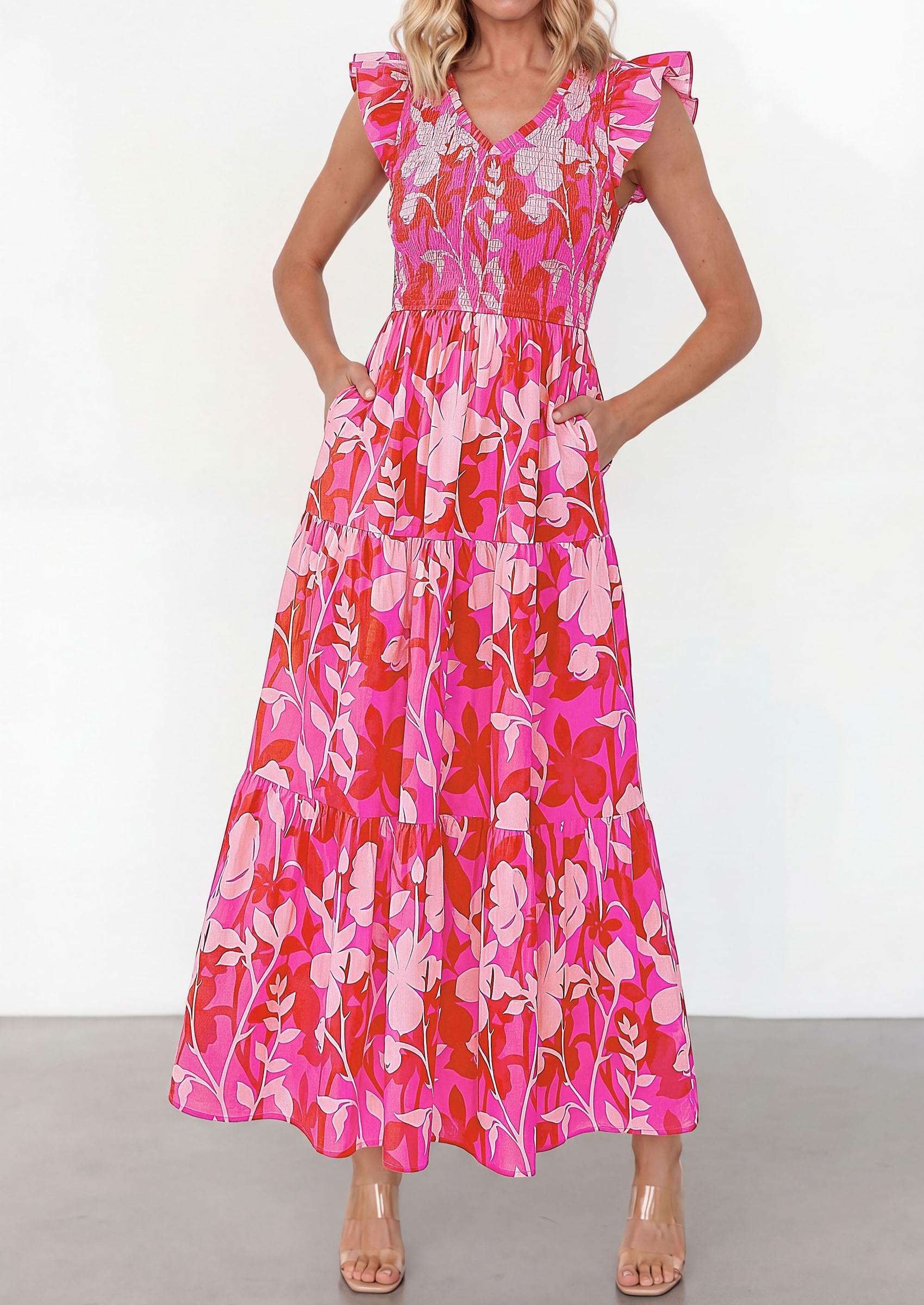 PRETTYGARDEN Women's Boho Floral Maxi Dress Summer Smocked V Neck Ruffle Sleeve Spring Flowy Beach Vacation Sundresses