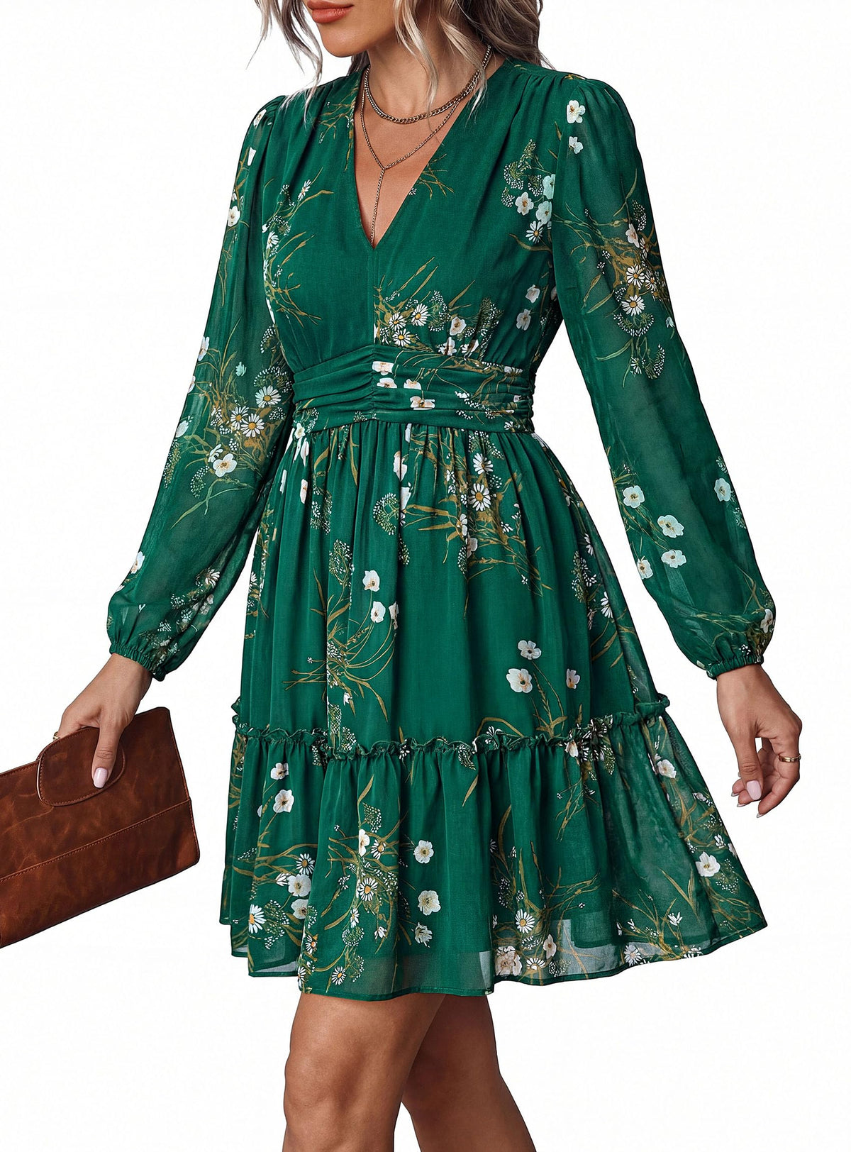 PRETTYGARDEN Women Floral Long Sleeve Mini Dress | Fall Wedding Guest Dresses, V Neck, Fit & Flare, Ruffle Hem A-Line, Short Chiffon Dress, Elegant Holiday Party, Date Outfits