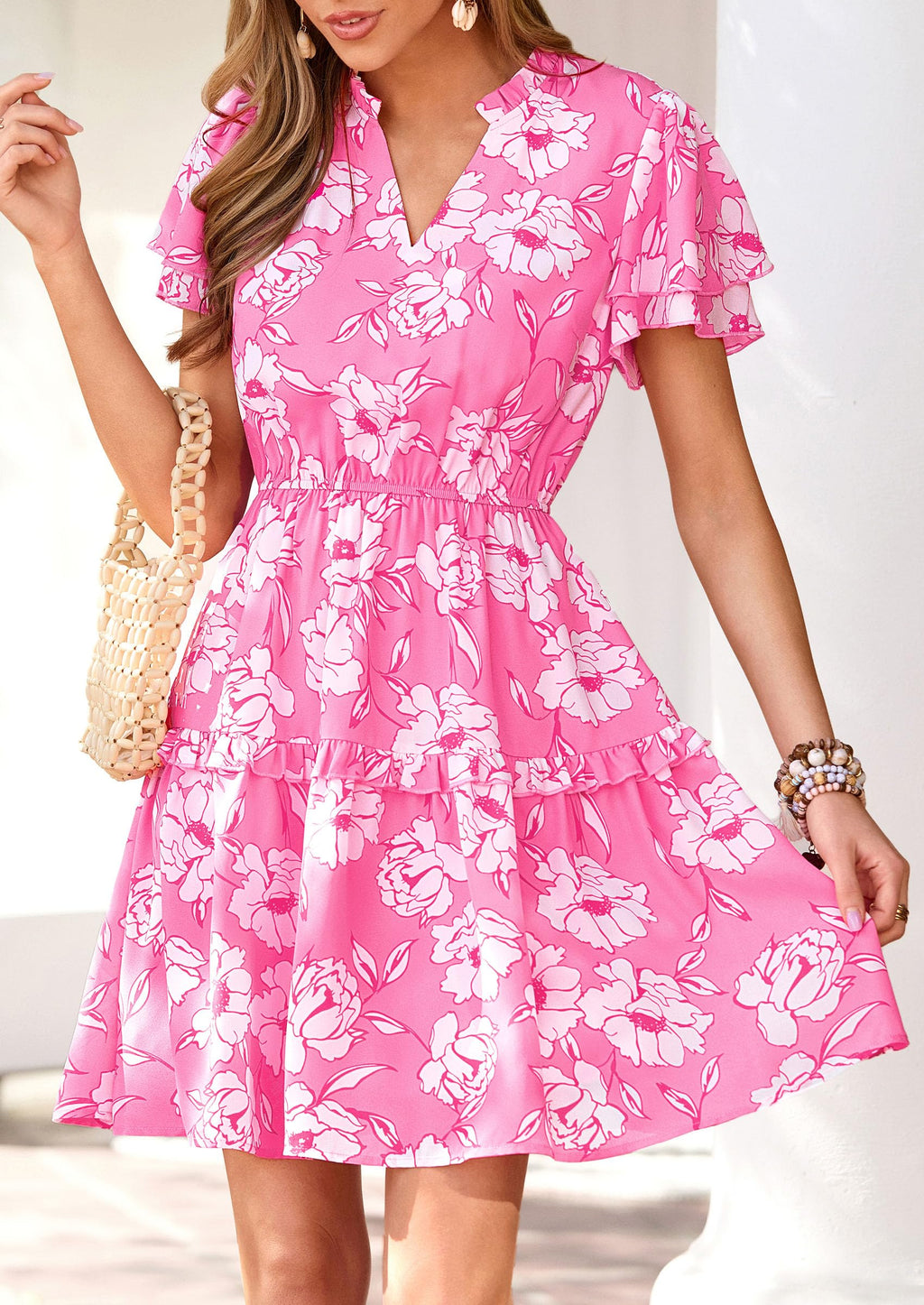 PRETTYGARDEN Womens Summer Floral Mini Dress  Trendy Ruffle Short Sleeve V Neck Flowy A Line Short Beach Dresses
