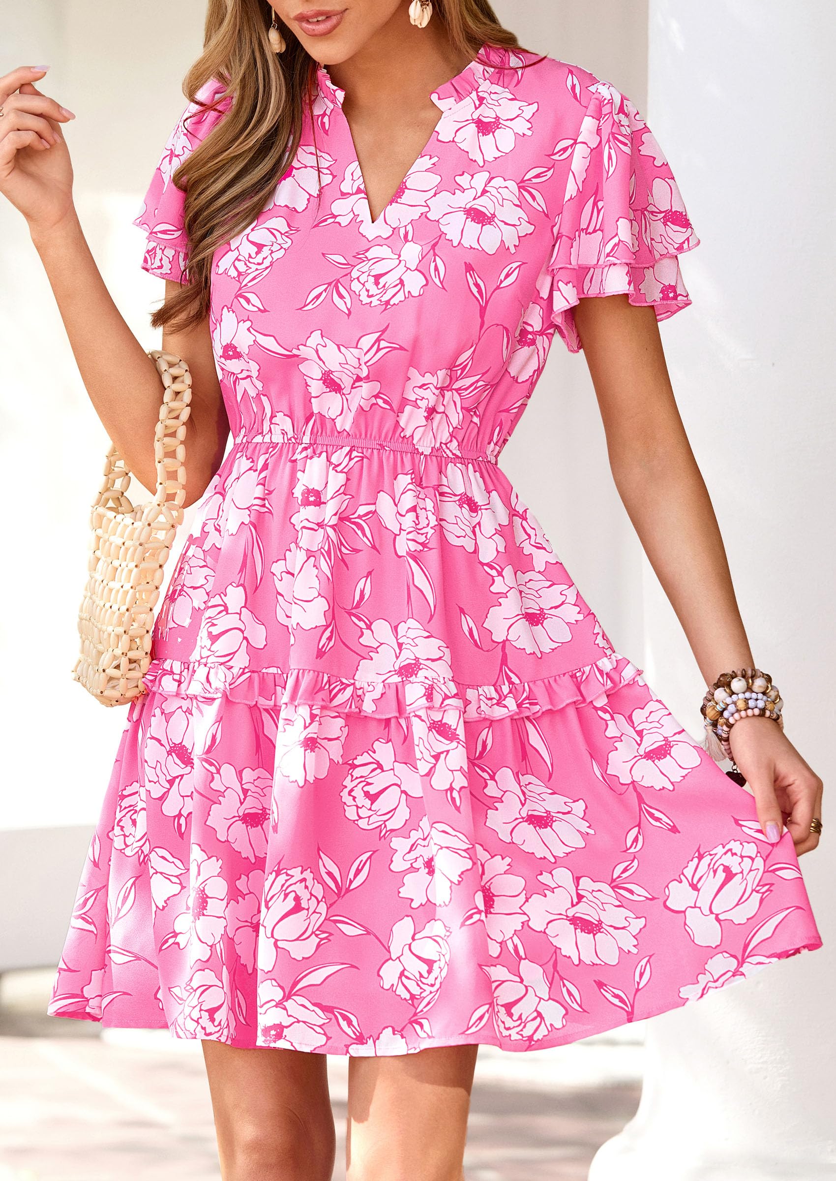 PRETTYGARDEN Womens Summer Floral Mini Dress  Trendy Ruffle Short Sleeve V Neck Flowy A Line Short Beach Dresses