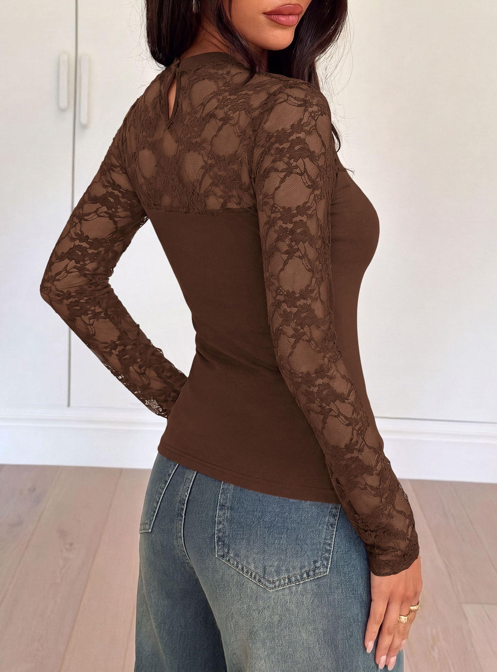 PRETTYGARDEN Womens Mesh Sheer Shirts Lace Long Sleeve Tops