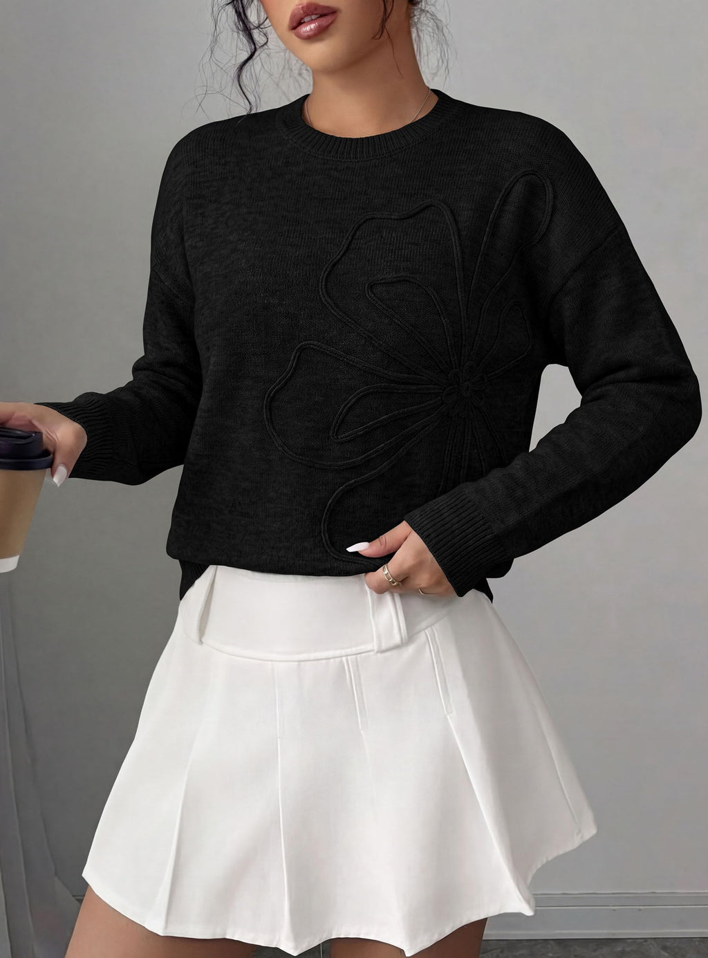 PRETTYGARDEN Women Fall Sweaters Trendy Floral Knit Pullover | Flower Embroidered Tops, Crew Neck, Soft Long Sleeve Shirts, Cozy Winter Layering Clothes for Casual Outing, Holiday Party