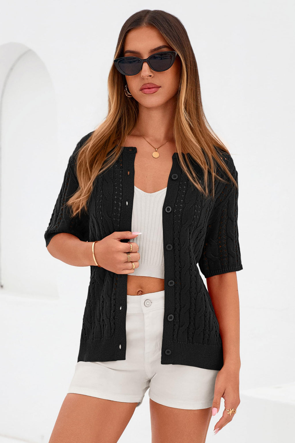 FreshPretty  Women Summer Cable Knit Crochet Cardigan Sweaters Casual Button Short Sleeve Sweater Cute Beach Hollow Out Knit Top
